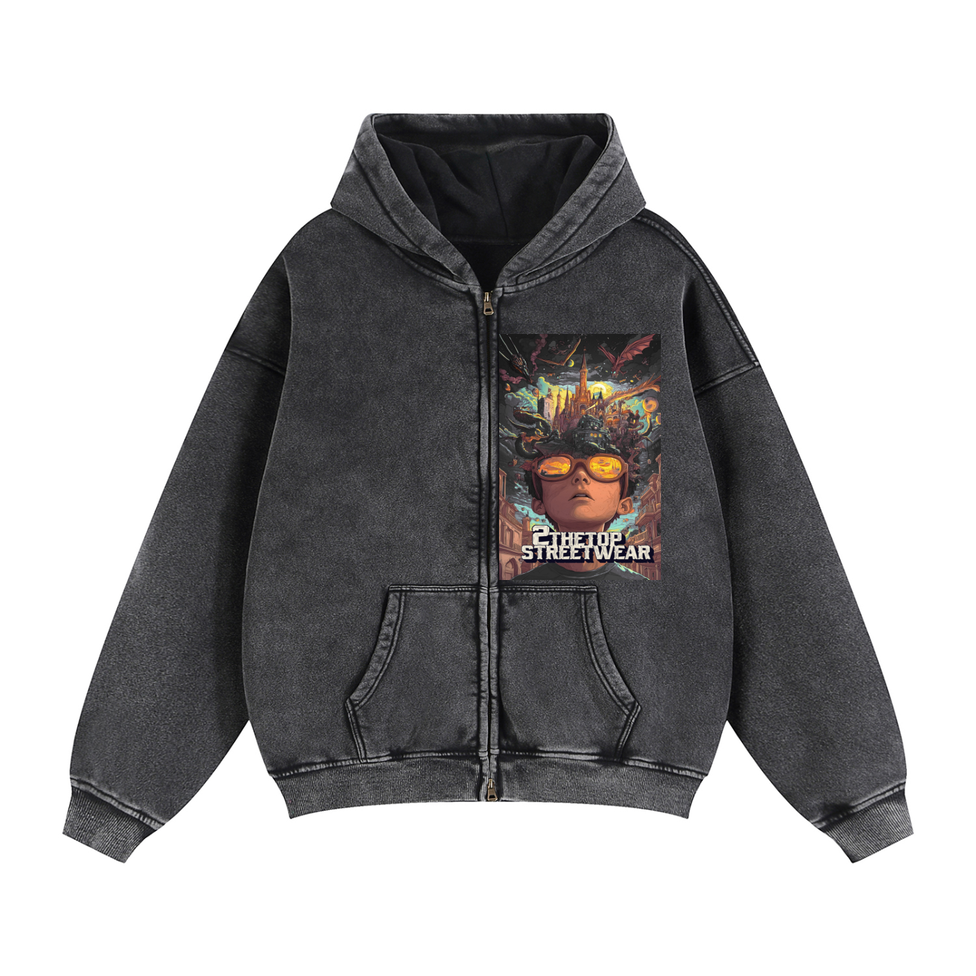 Unisex zip-through boxy fleece hoodie with zipper, hood, and drop shoulder in thick cotton blend fabric