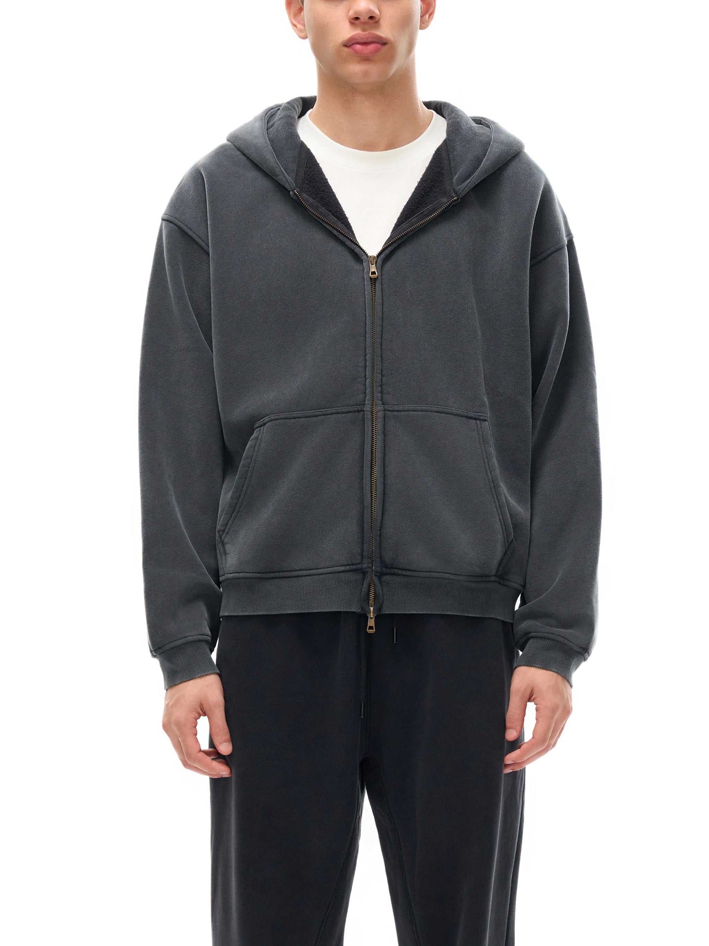 Mens Zip Up Hoodies Zip-Through Boxy Fleece Hoodie Streetwear Styling.