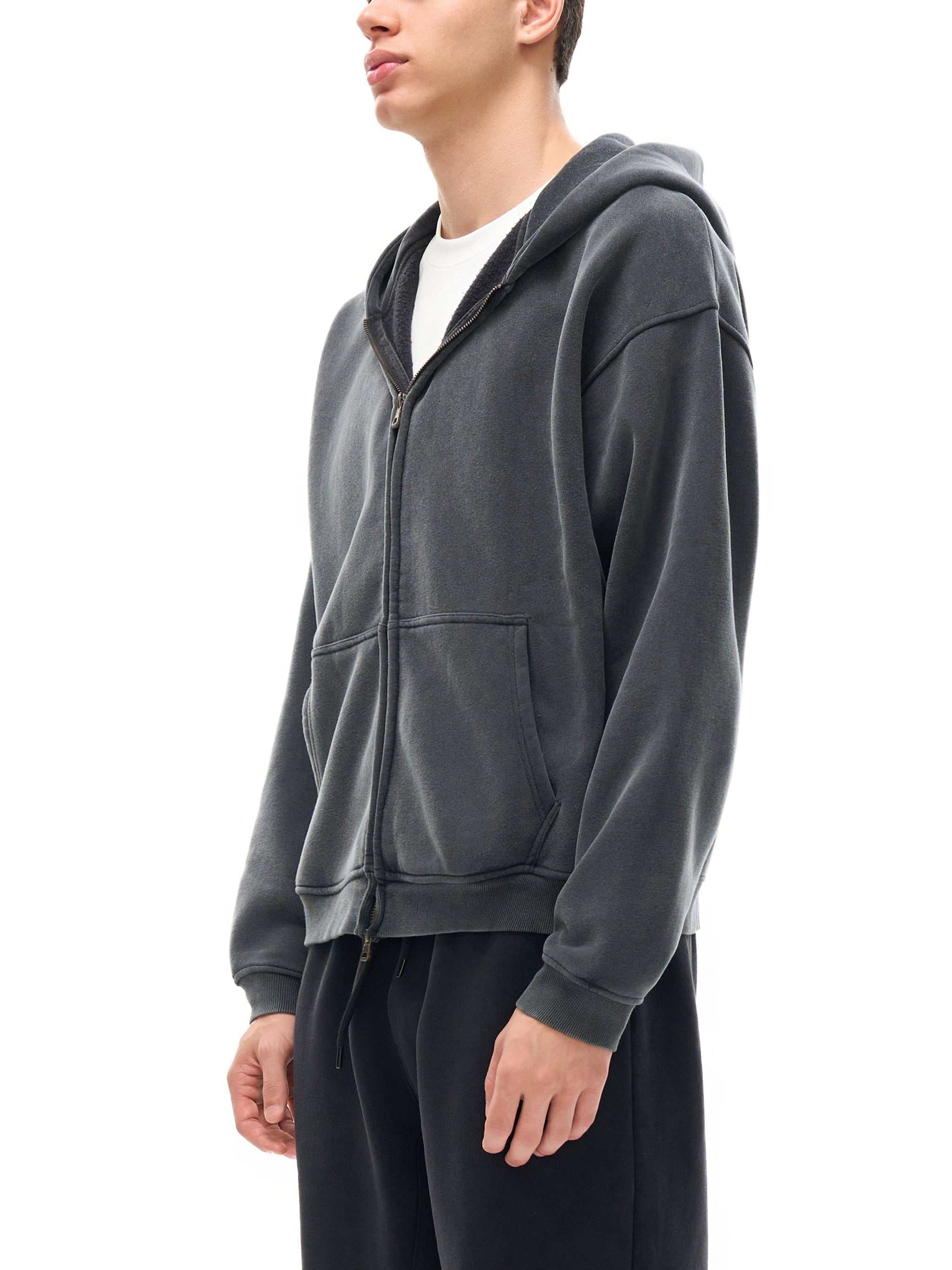 Mens Zip Up Hoodies Zip-Through Boxy Fleece Hoodie