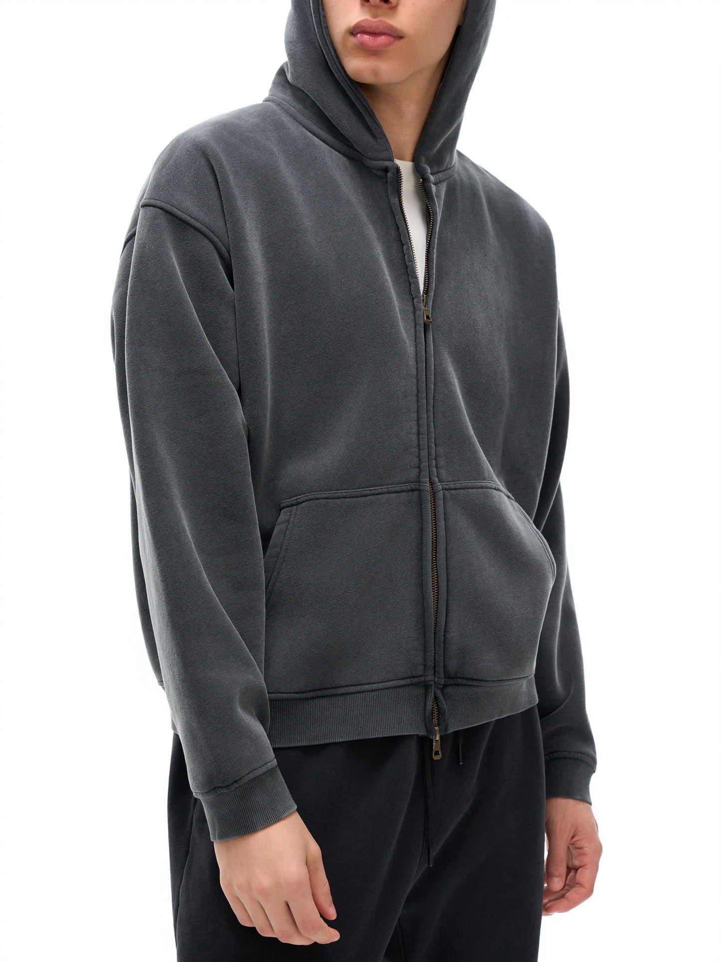 Mens Zip Up Hoodies Zip-Through Boxy Fleece Hoodie