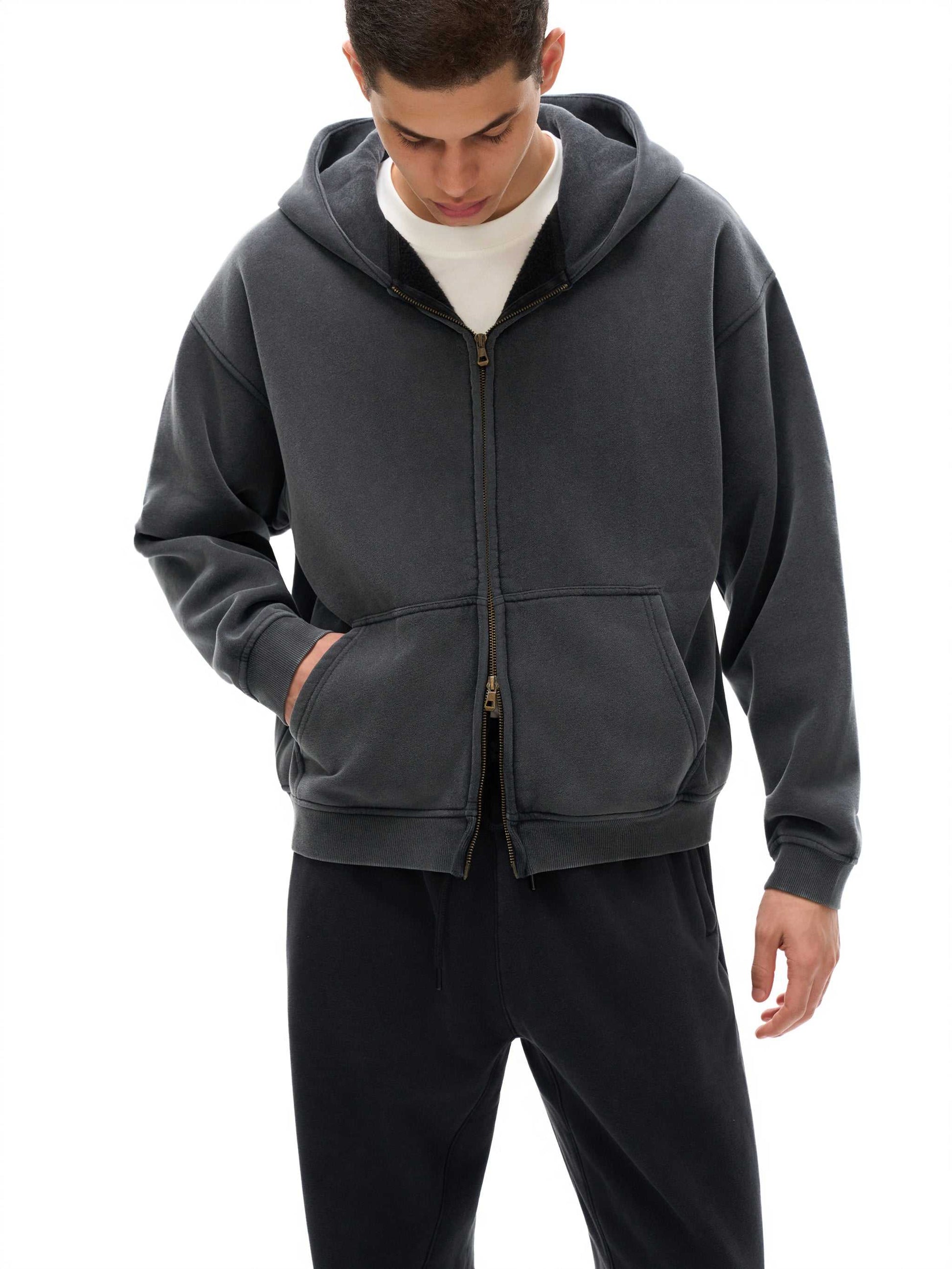Mens Zip Up Hoodies Zip-Through Boxy Fleece Hoodie