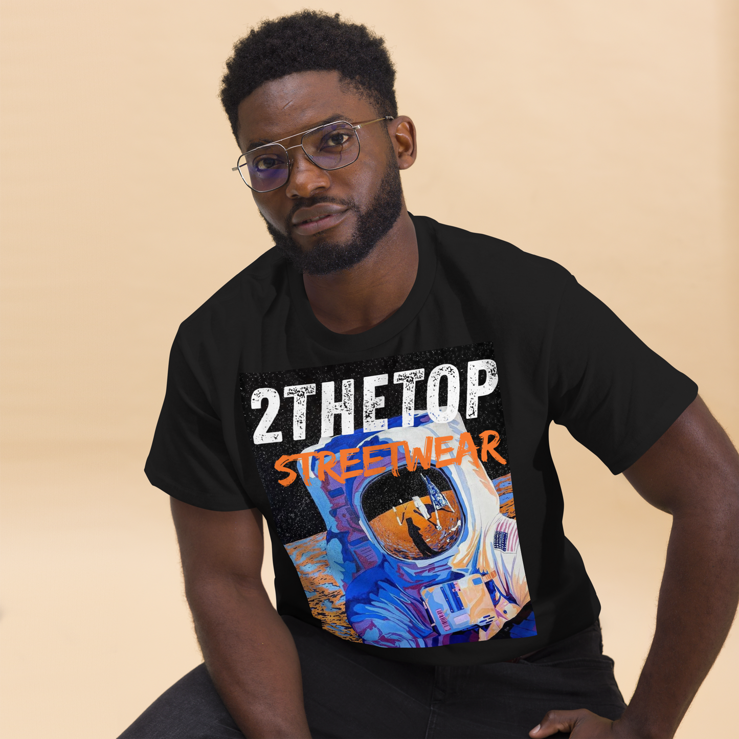 Adult streetwear graphics t-shirt with astronaut design, breathable cotton fabric, and durable double seams.