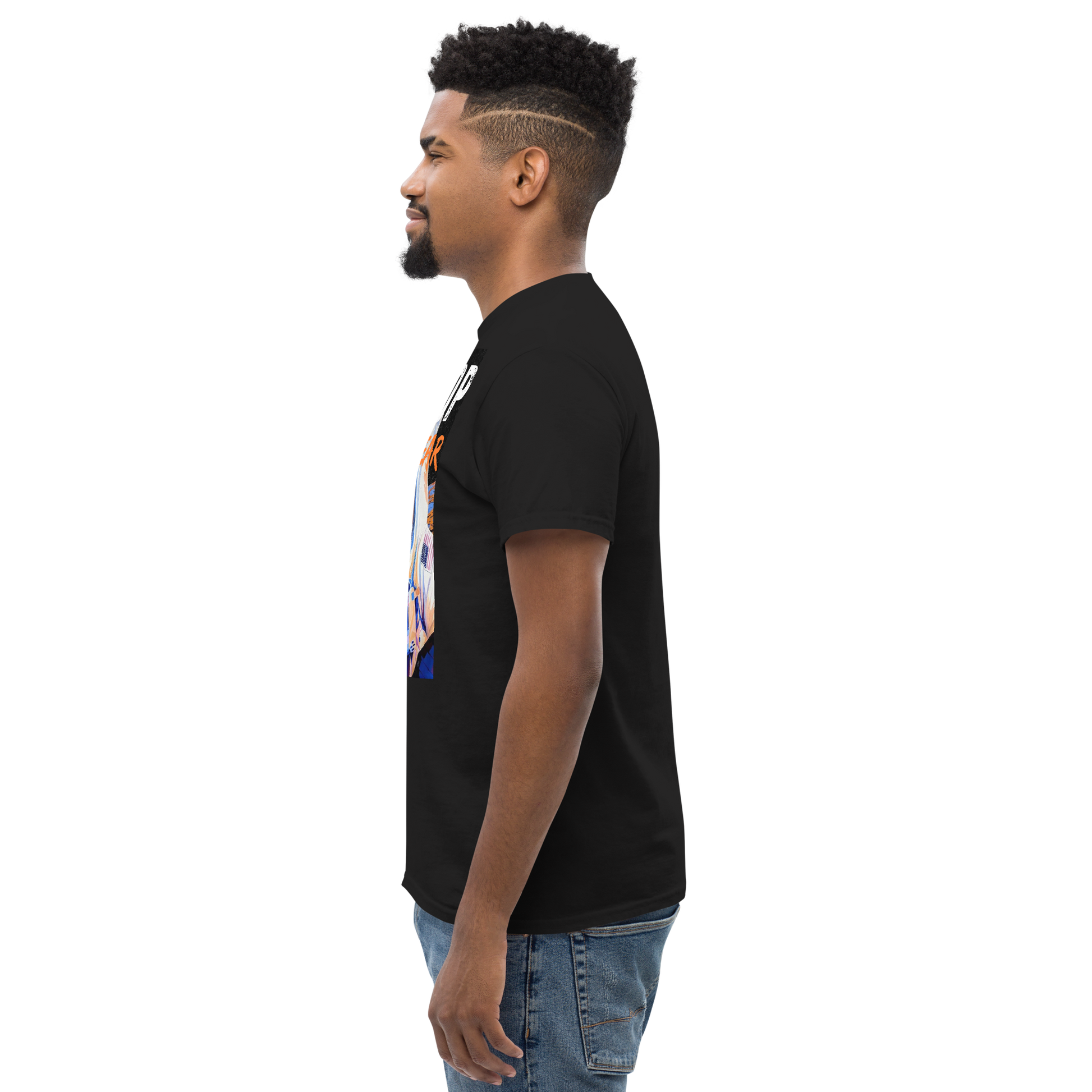 Black graphics t-shirt with bold astronaut design for streetwear style