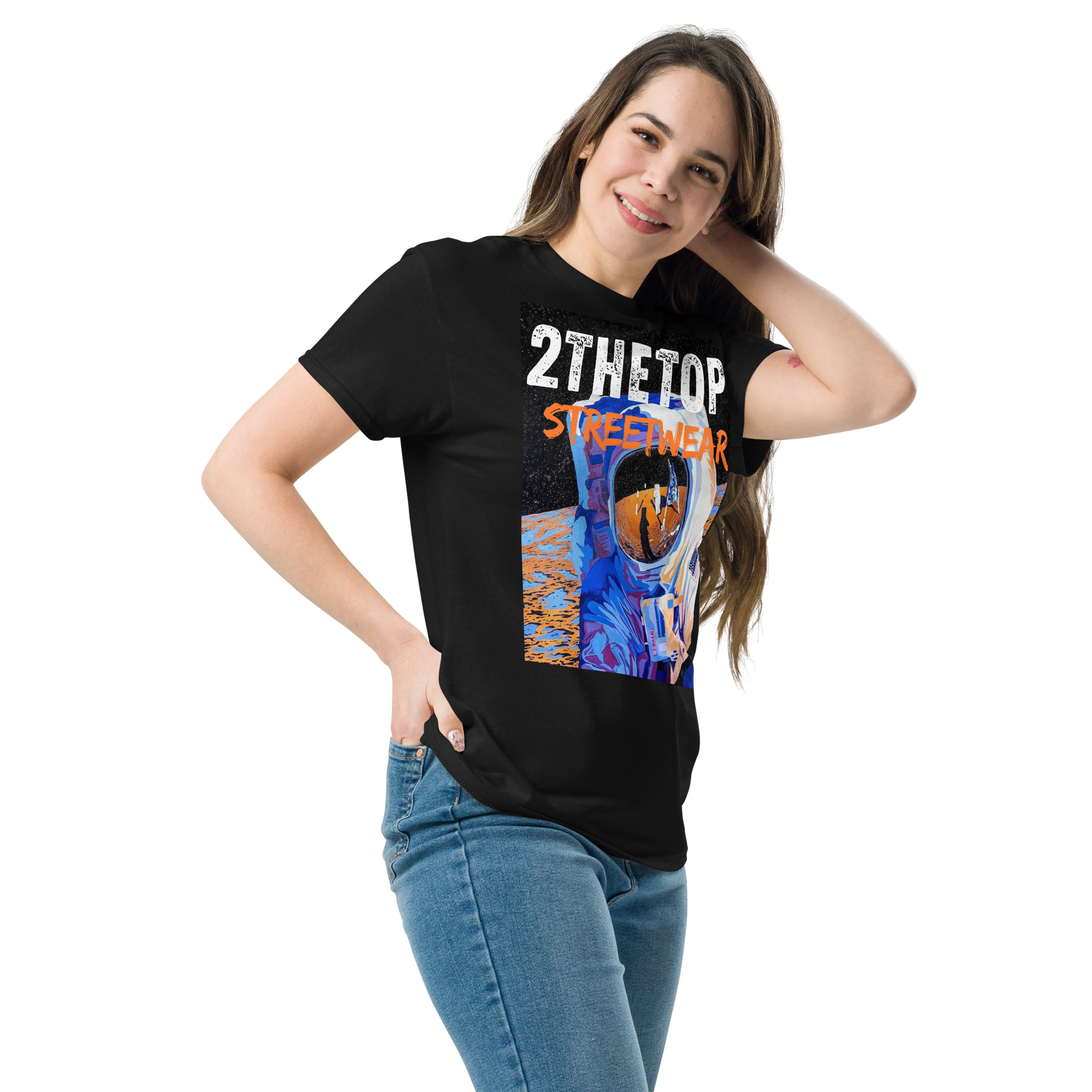 Streetwear graphics t-shirt with bold astronaut design on adult cotton tee