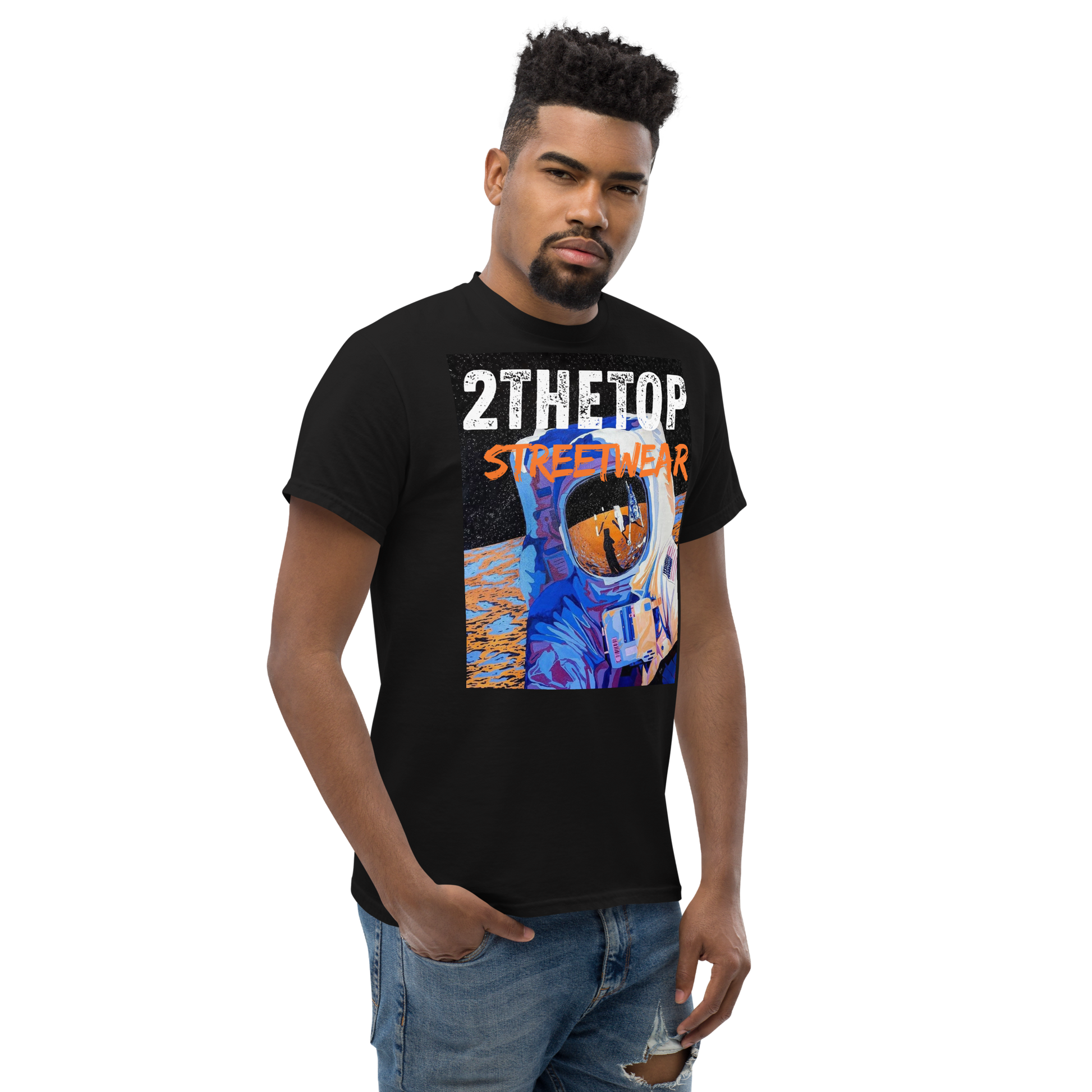 Black graphics t-shirt with astronaut design for streetwear style