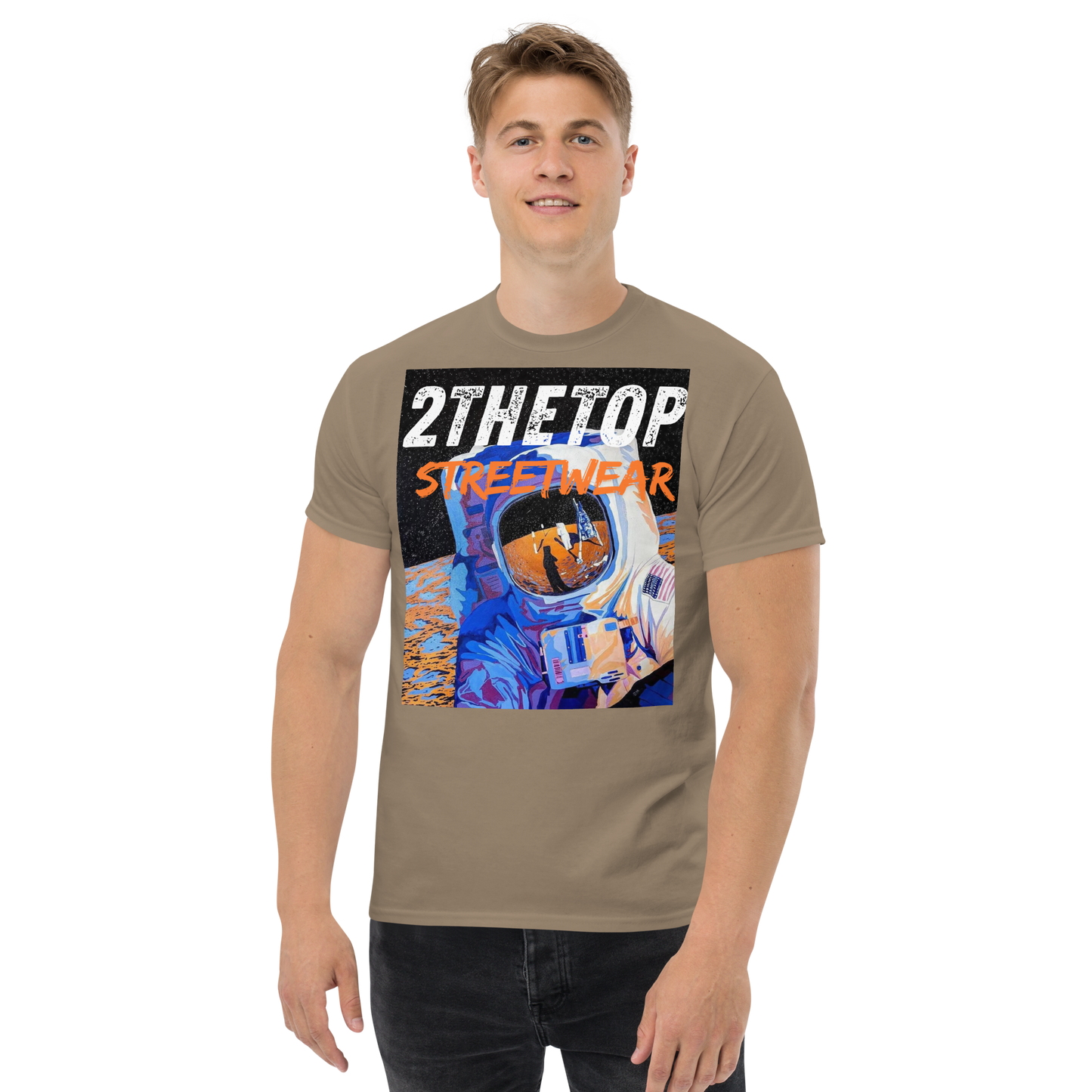Adult streetwear graphics t-shirt with bold astronaut design and breathable cotton fabric