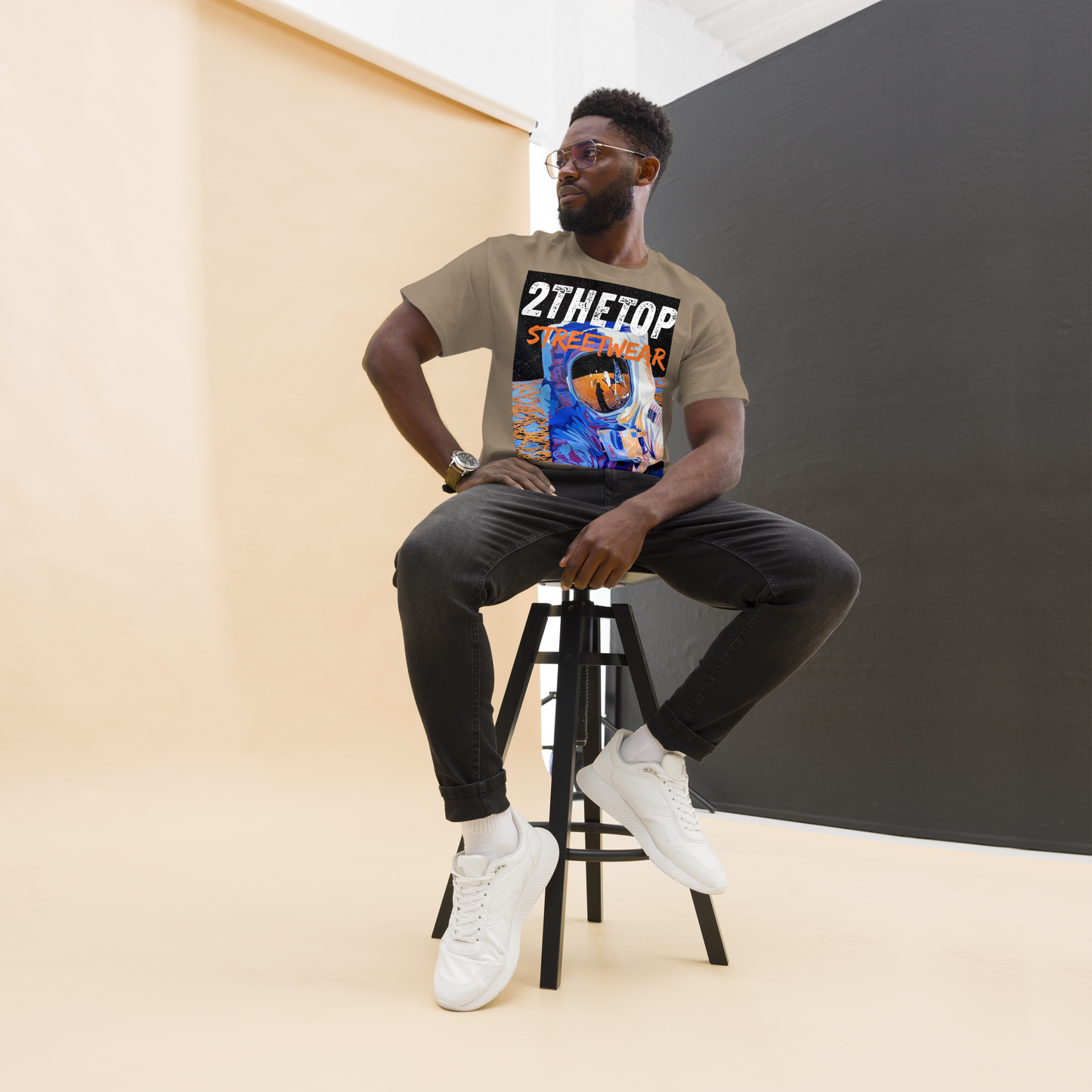 Urban streetwear graphics t-shirt with astronaut design on adult cotton tee