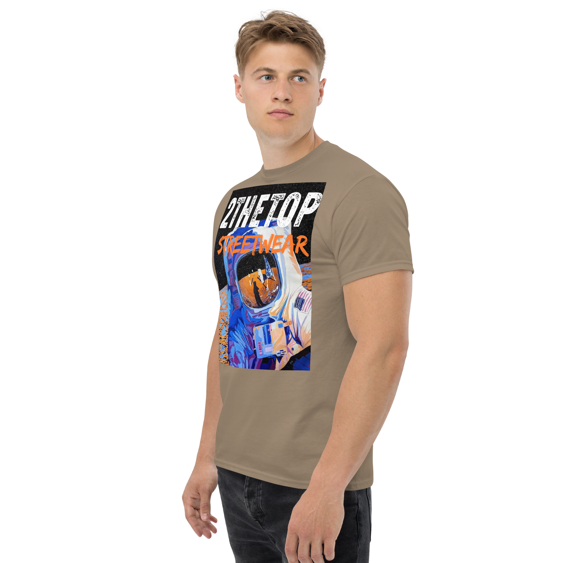 Men's streetwear graphics t-shirt with bold astronaut design on black cotton fabric