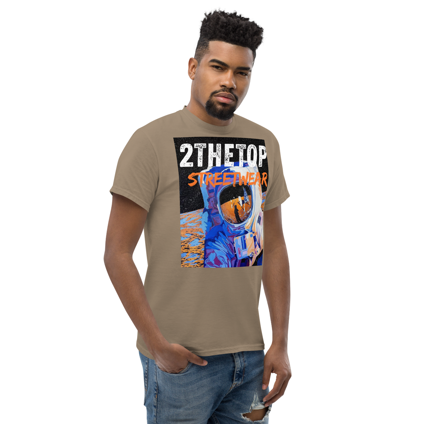 Streetwear graphics t-shirt with bold astronaut design on adult casual tee