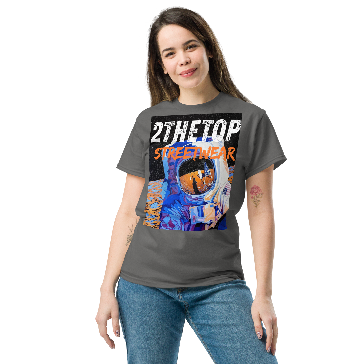 Black graphics t-shirt with bold astronaut design for streetwear style