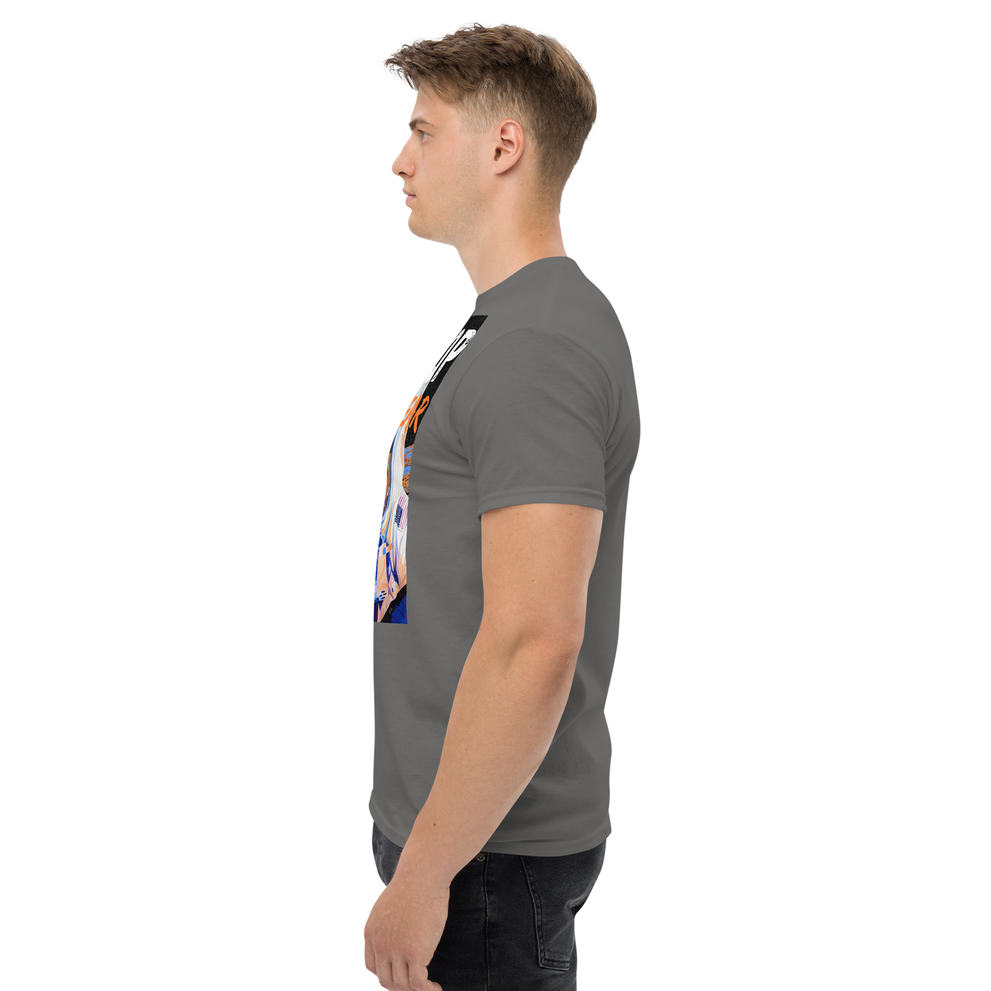 Black graphics t-shirt with bold astronaut print for urban streetwear style