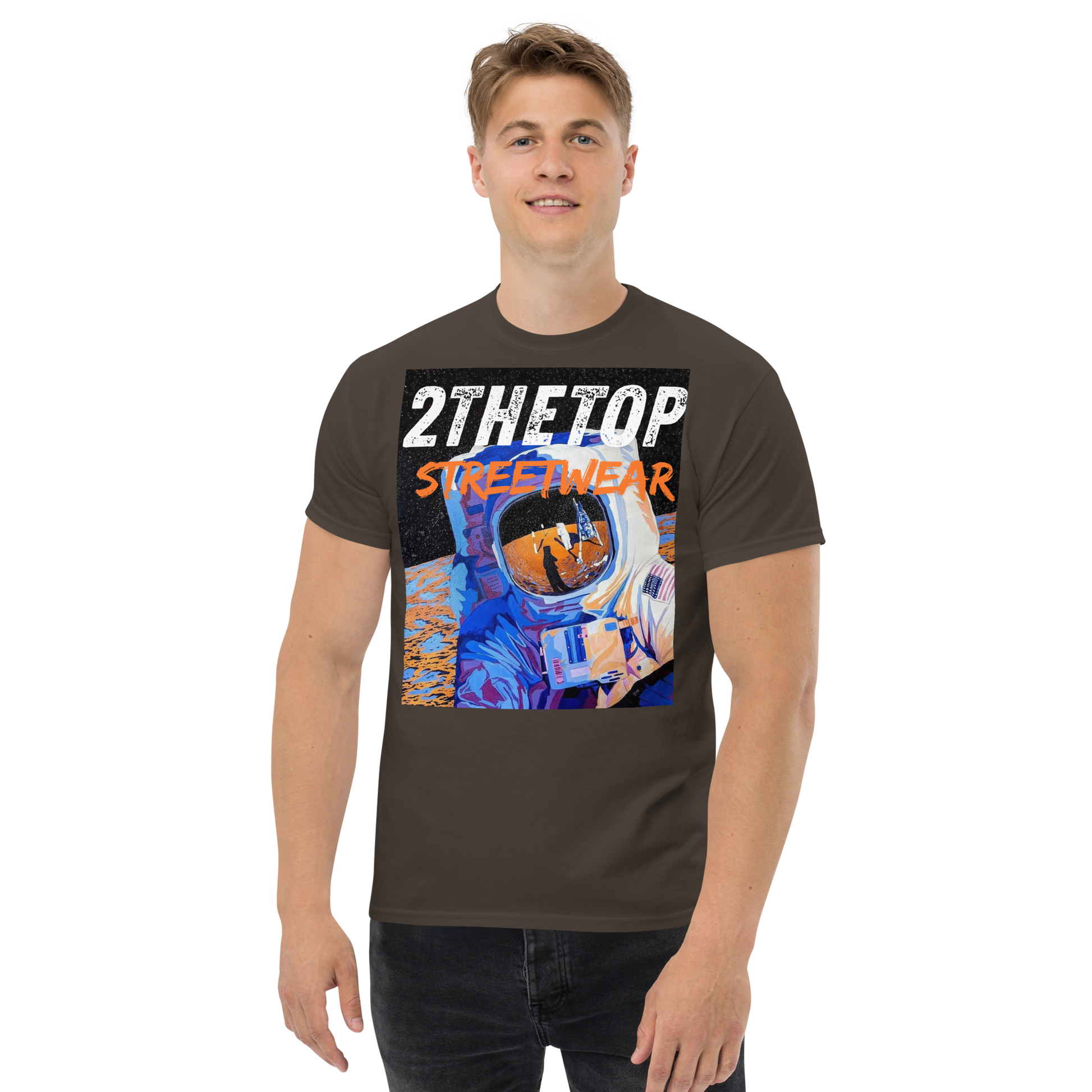 Black graphics t-shirt featuring bold astronaut streetwear design on cotton fabric for casual urban style