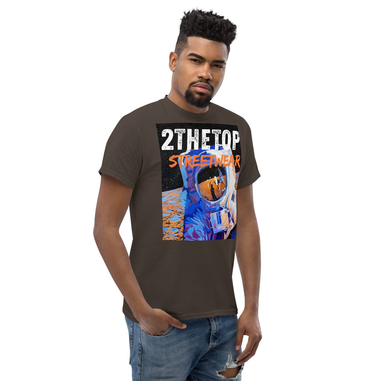 Streetwear graphics t-shirt featuring bold astronaut design on comfortable adult cotton tee