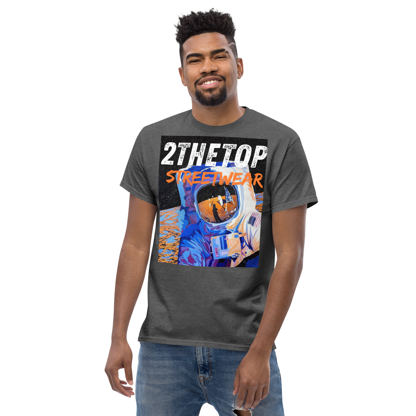 Black streetwear graphics t-shirt featuring a bold astronaut design on a comfortable adult cotton tee