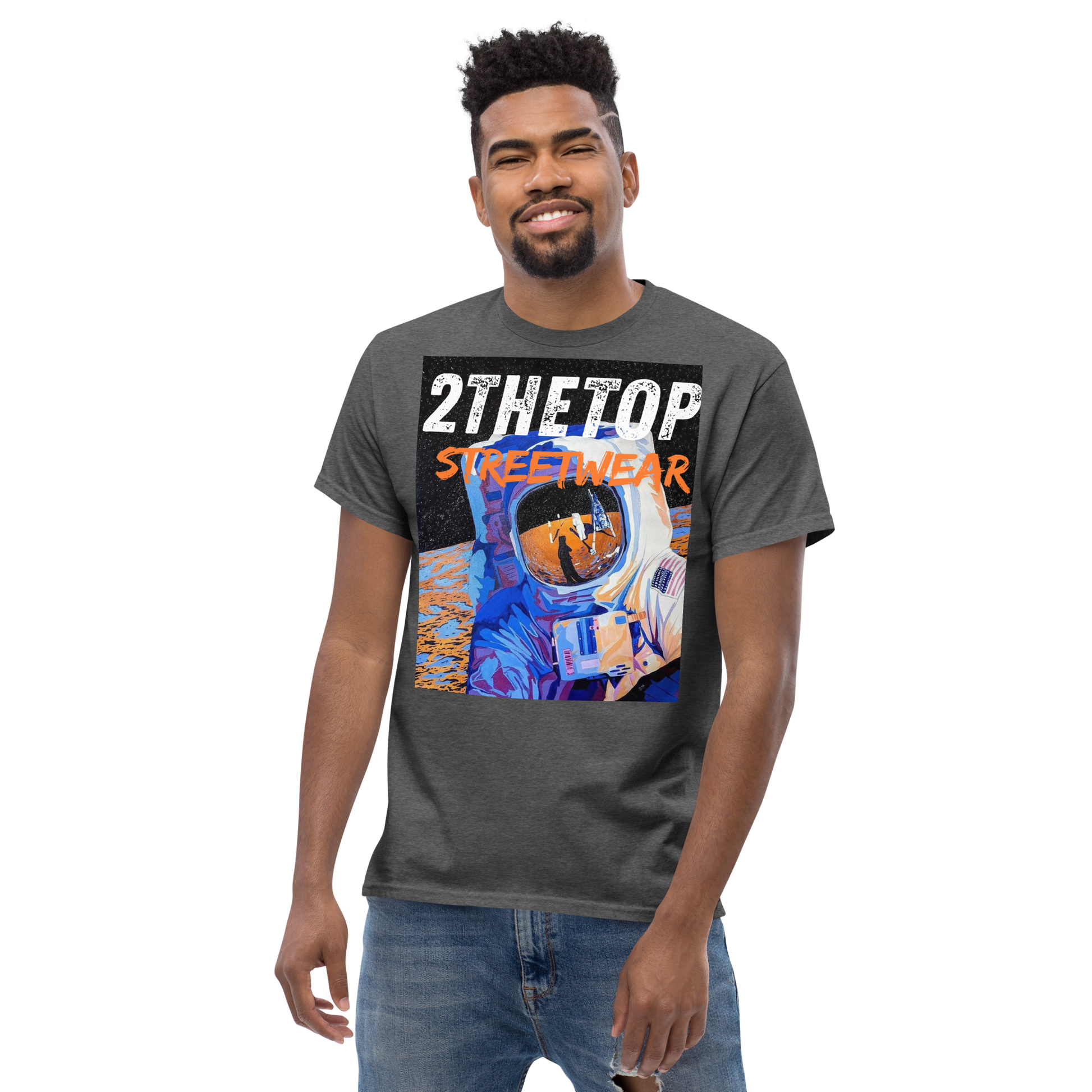 Black streetwear graphics t-shirt featuring a bold astronaut design on a comfortable adult cotton tee