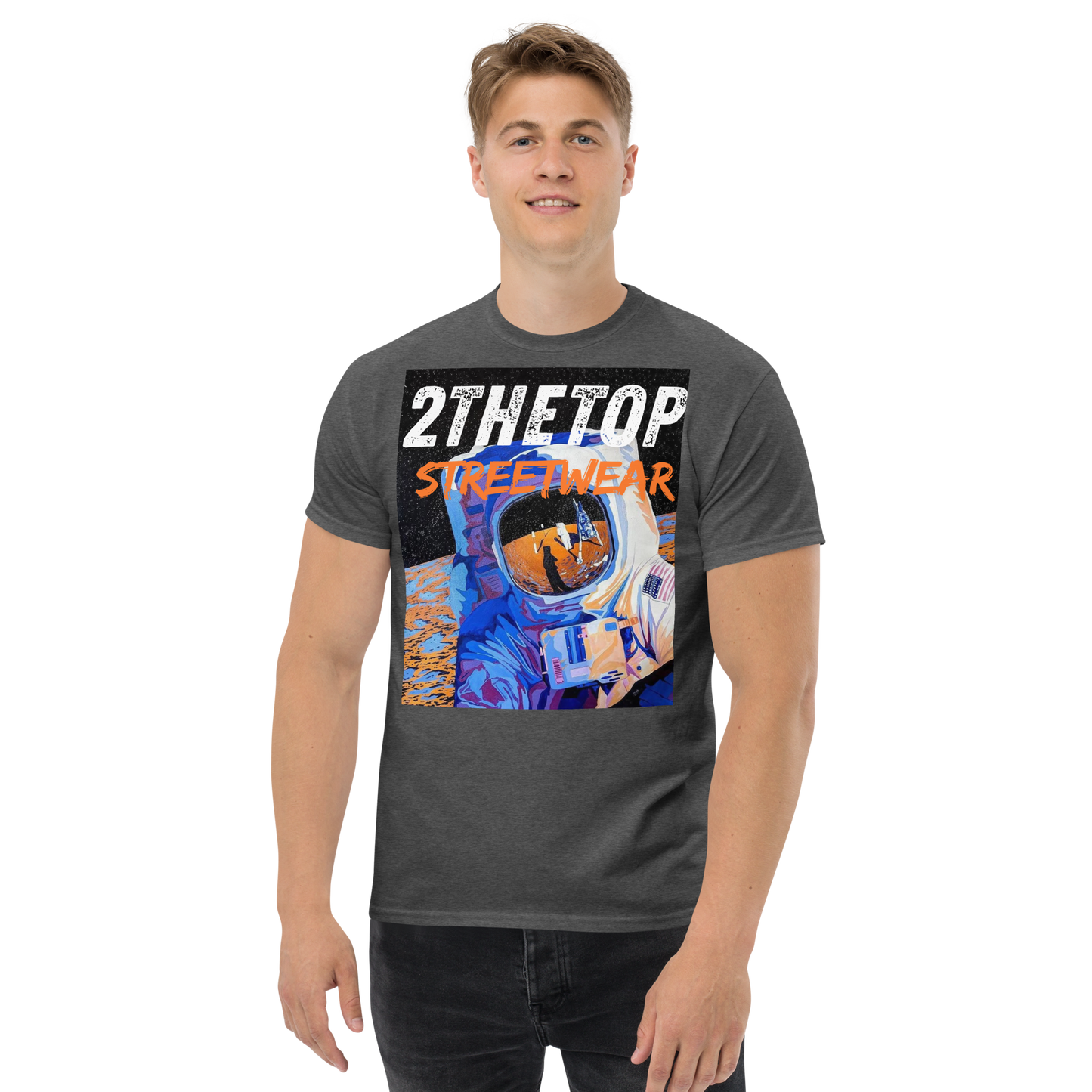 Black graphics t-shirt with signature astronaut design for urban streetwear style