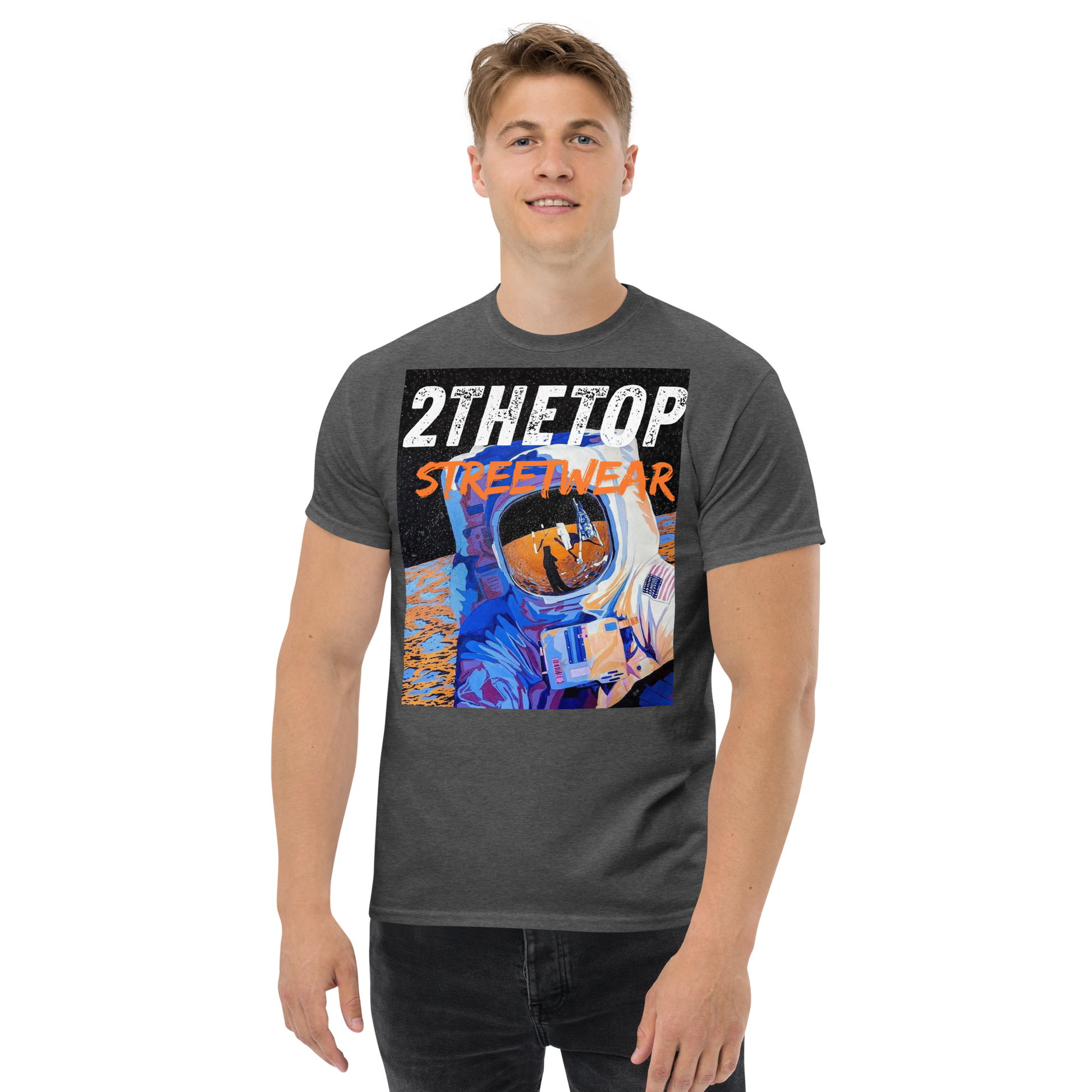Black graphics t-shirt with signature astronaut design for urban streetwear style