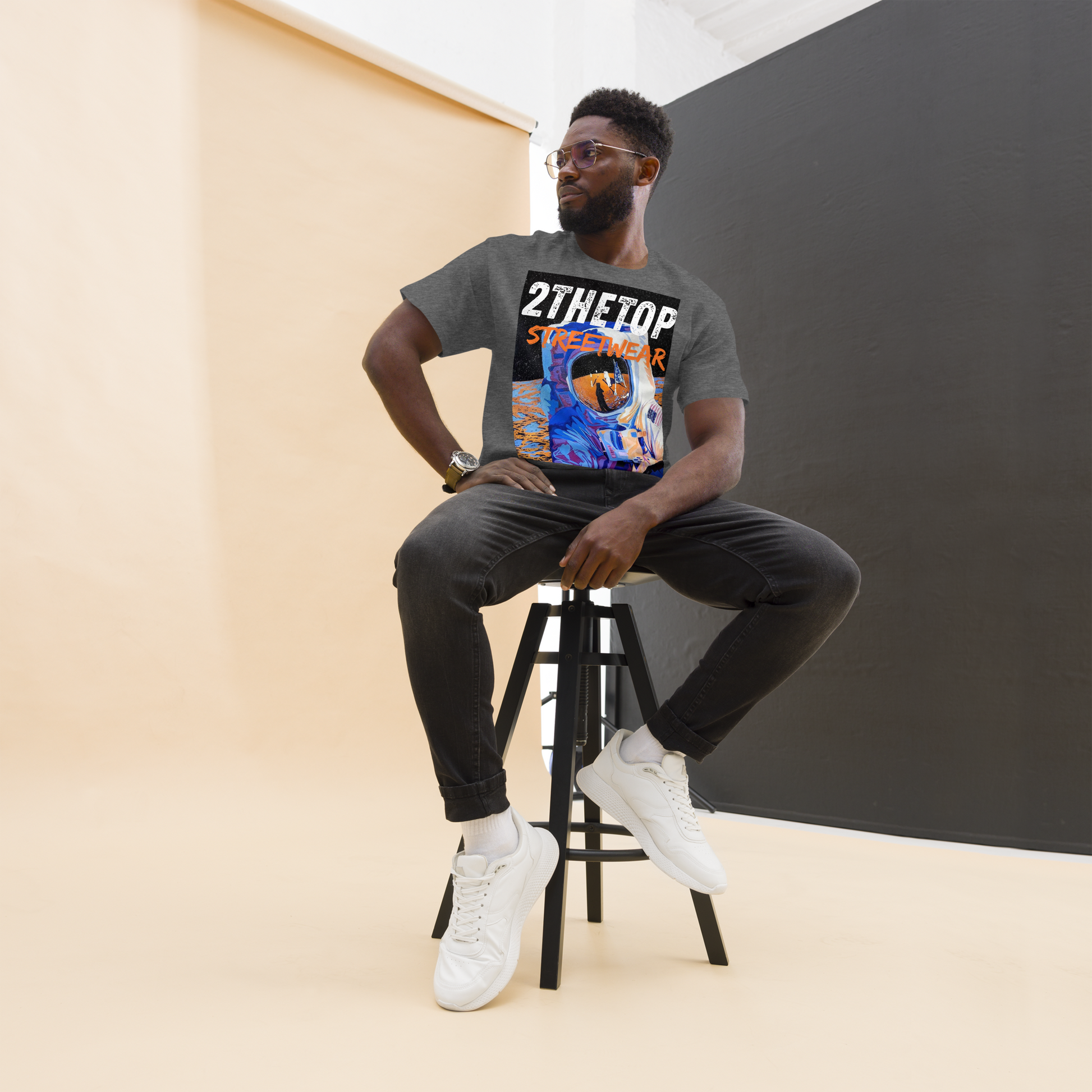 Graphic t-shirt with astronaut design for streetwear style adult tee