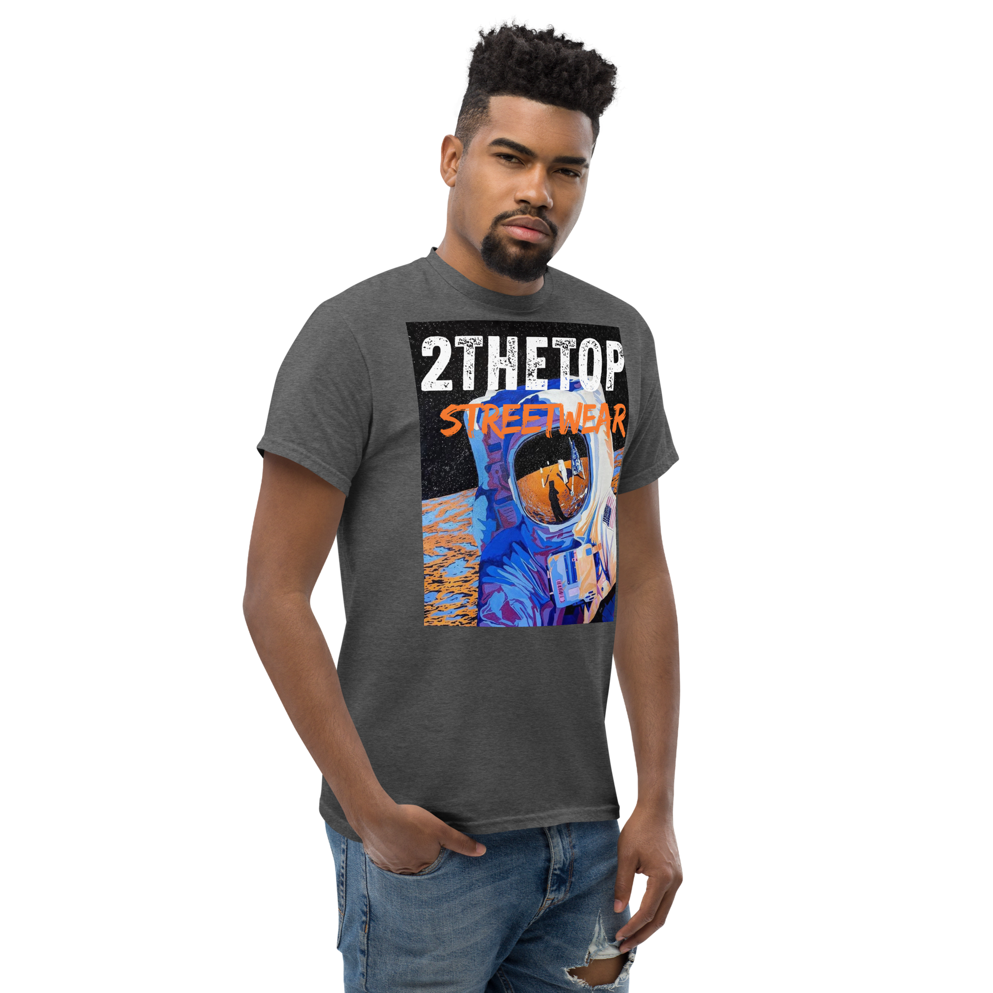 Adult streetwear graphics t-shirt featuring a bold astronaut design on breathable cotton fabric.