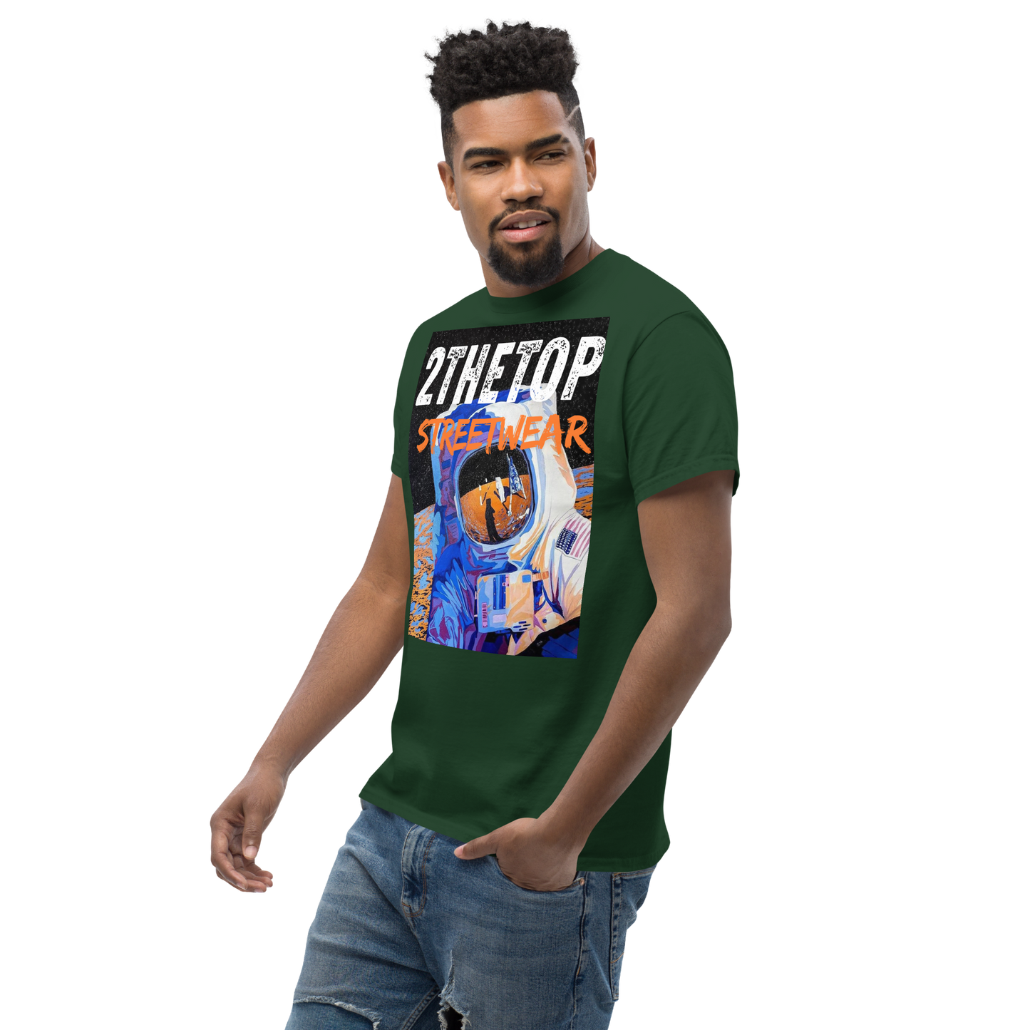 Black graphics t-shirt featuring a bold astronaut design for urban streetwear style