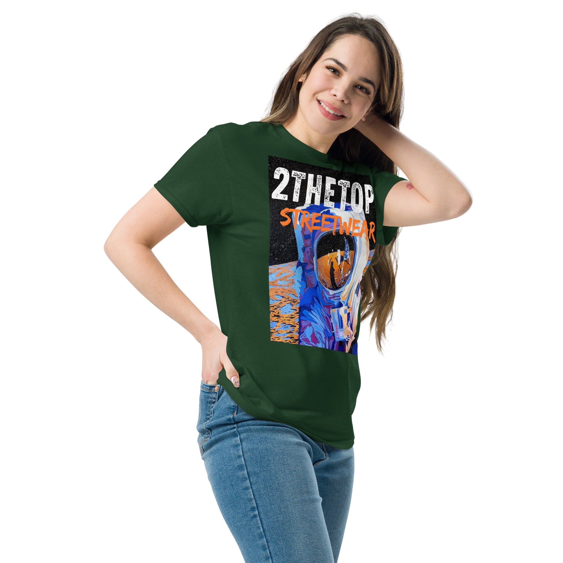 Adult streetwear graphics t-shirt with bold astronaut design on cotton fabric
