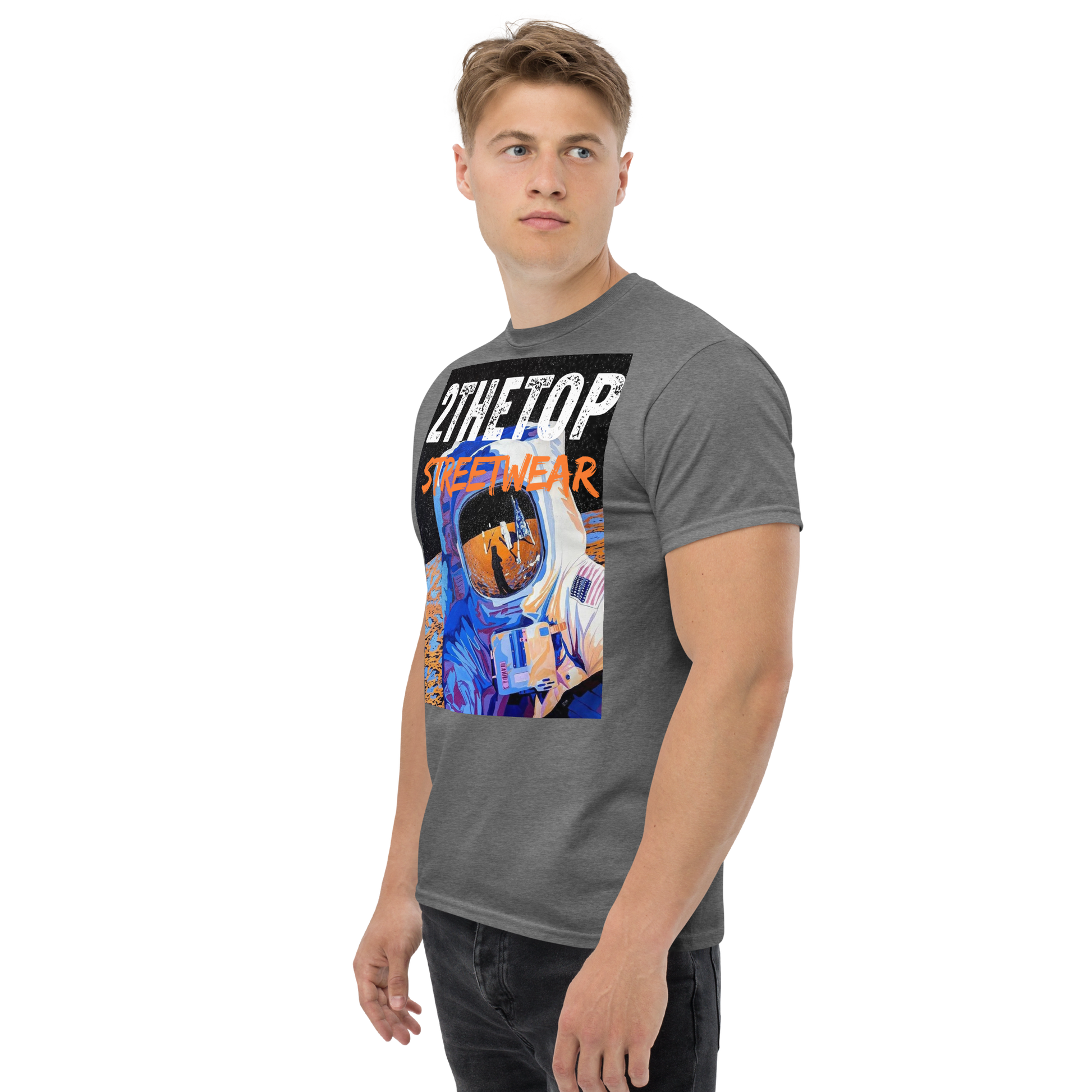 Men's streetwear graphics t-shirt featuring a bold astronaut print on breathable cotton