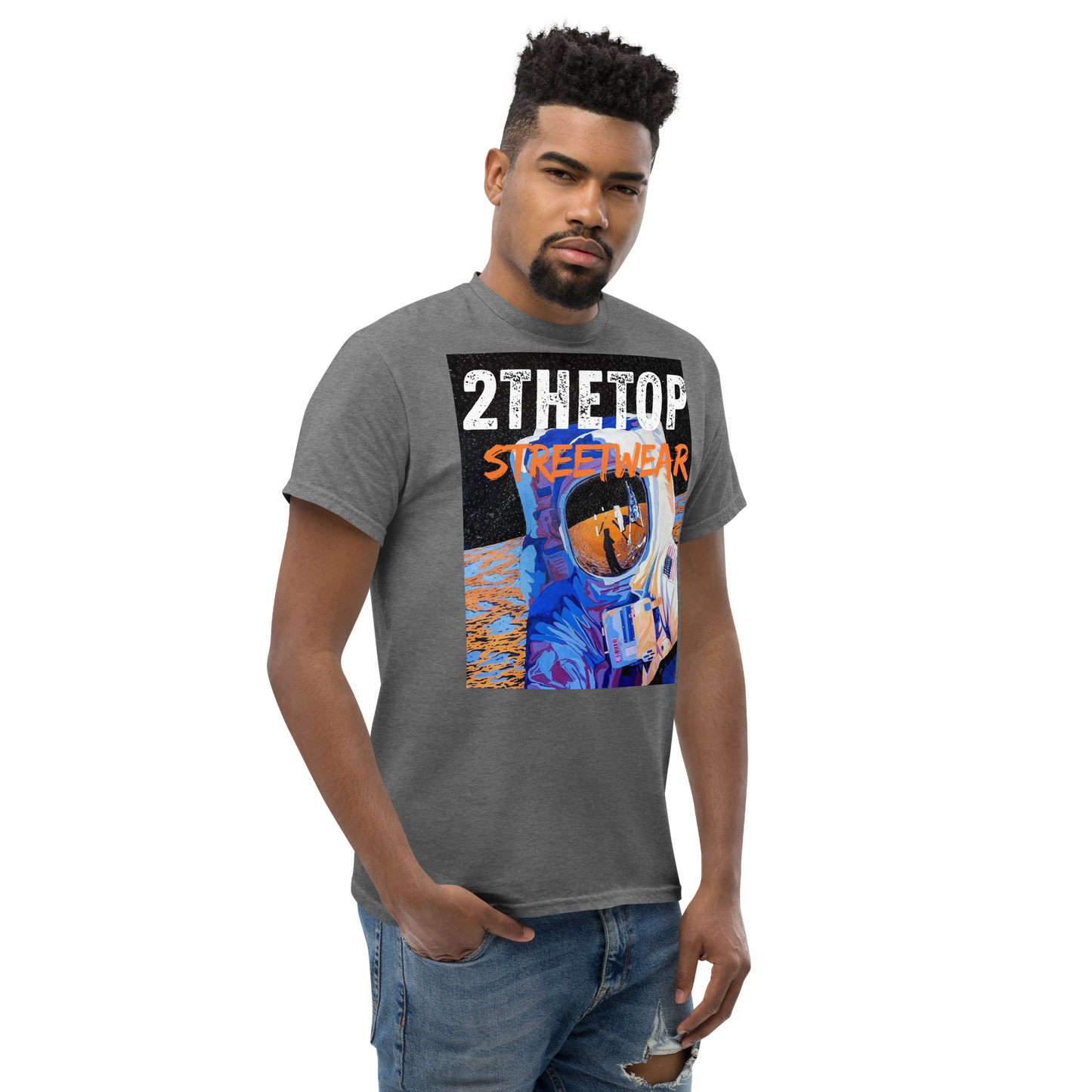 Adult streetwear graphics t-shirt with bold astronaut design on breathable cotton fabric