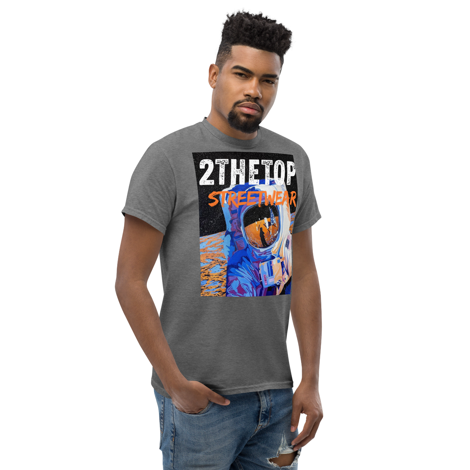 Adult streetwear graphics t-shirt with bold astronaut design on breathable cotton fabric