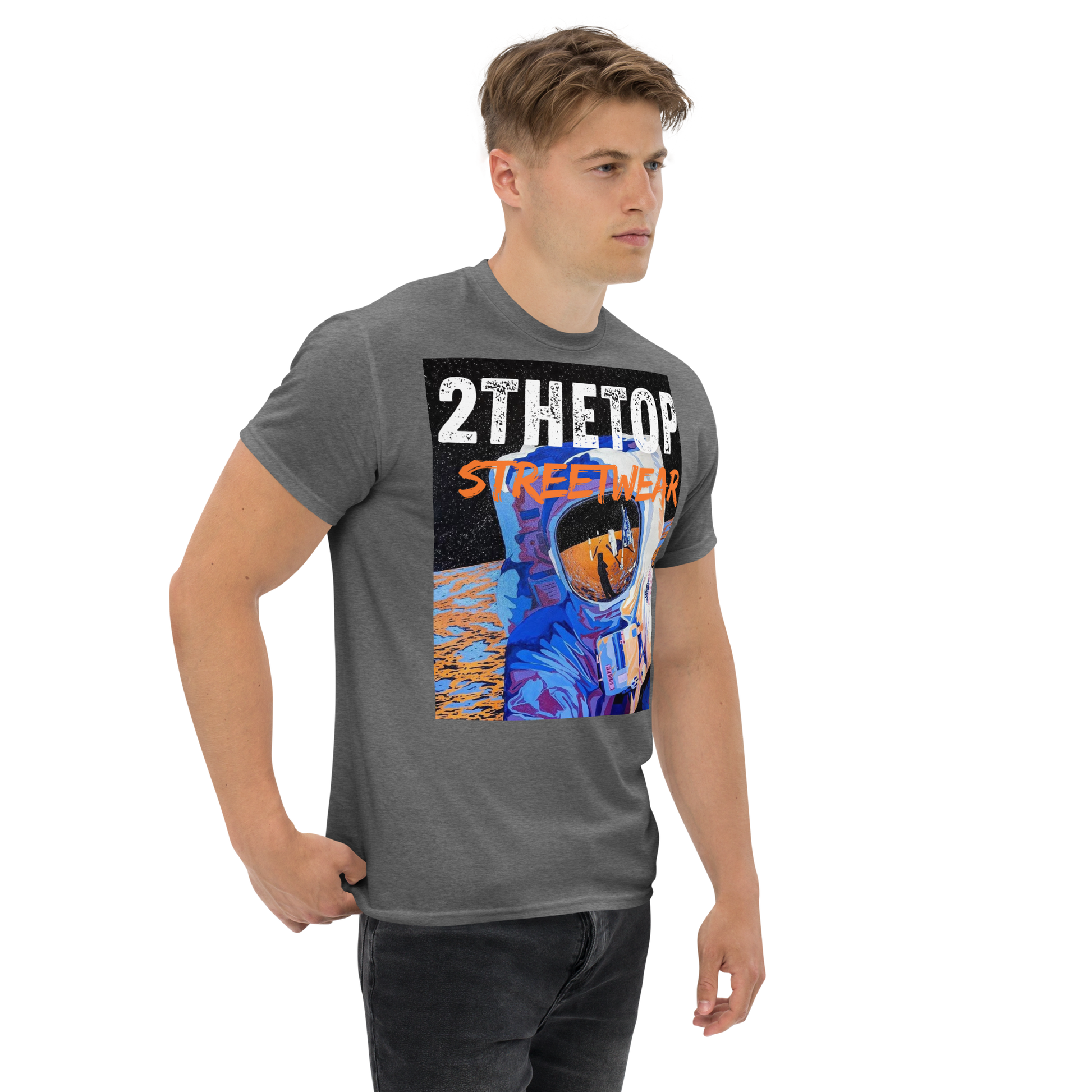Men's graphics t-shirt featuring bold astronaut graphic, streetwear style adult tee, breathable cotton fabric