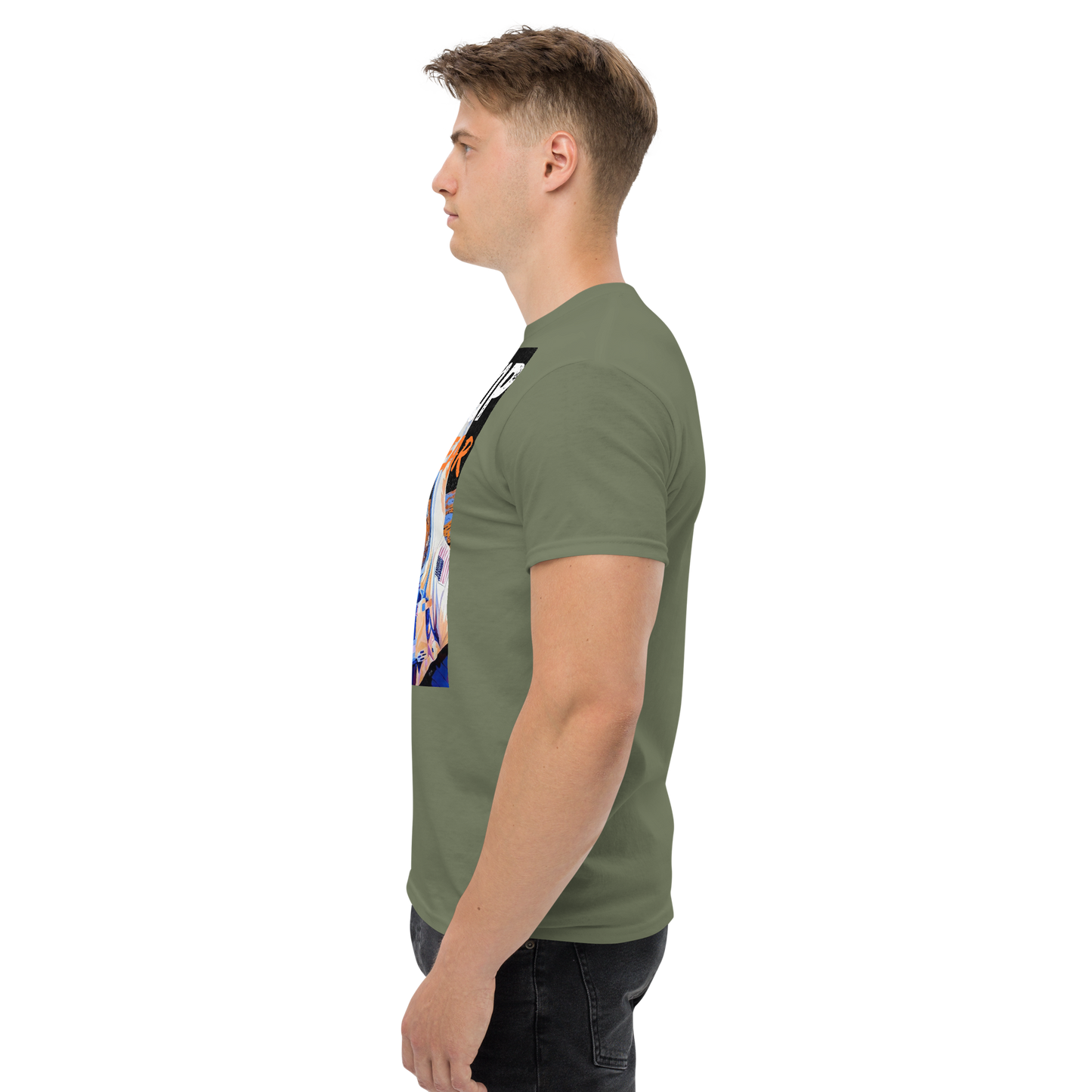 Adult streetwear graphics t-shirt featuring a bold astronaut design for casual urban style