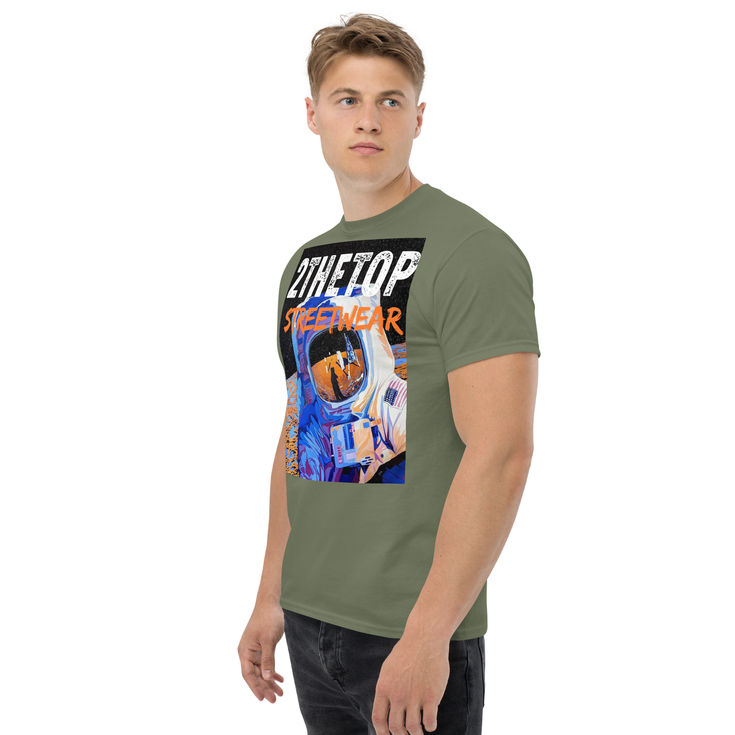 Black graphics t-shirt with bold astronaut design for streetwear style