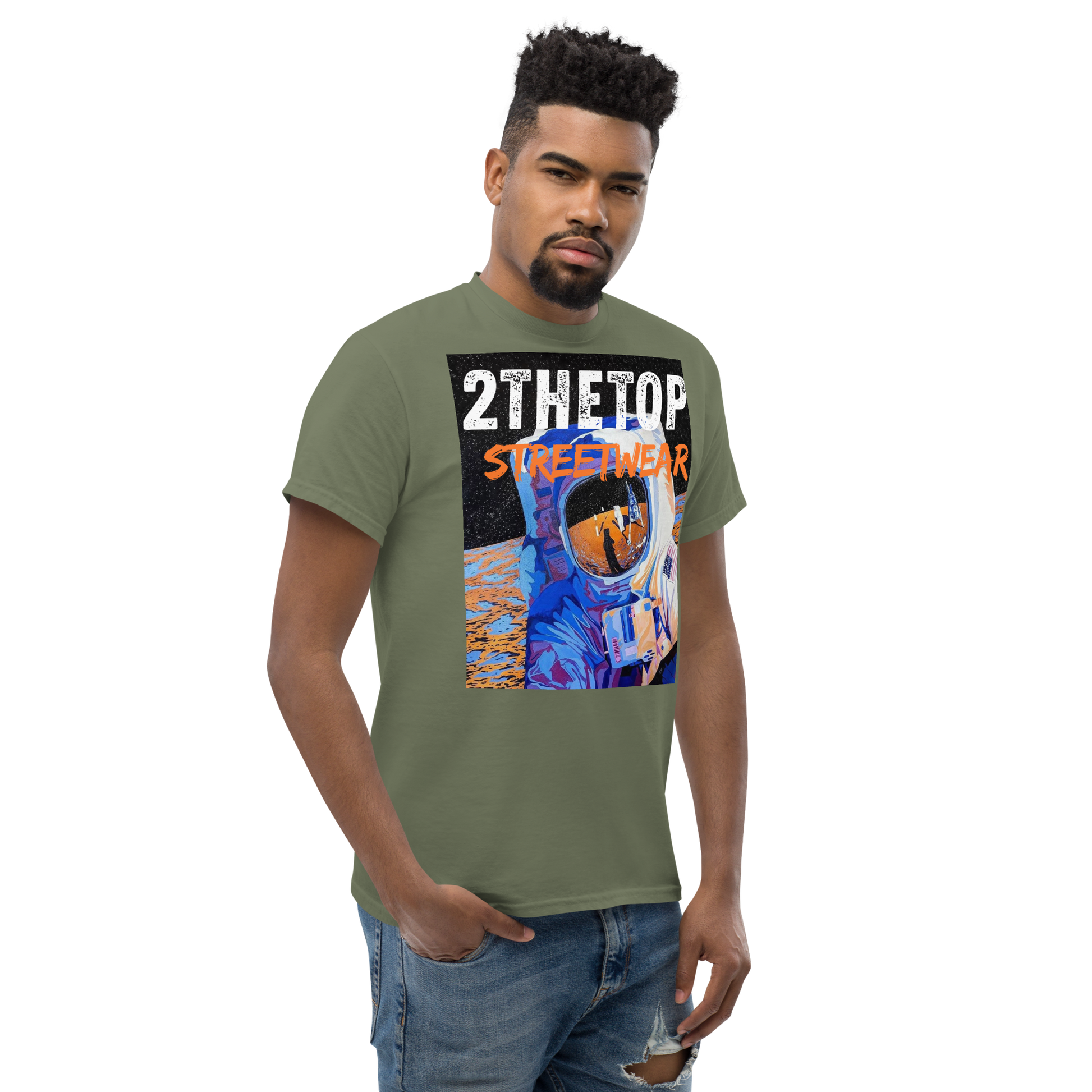 Adult streetwear graphics t-shirt featuring astronaut design in bold urban style