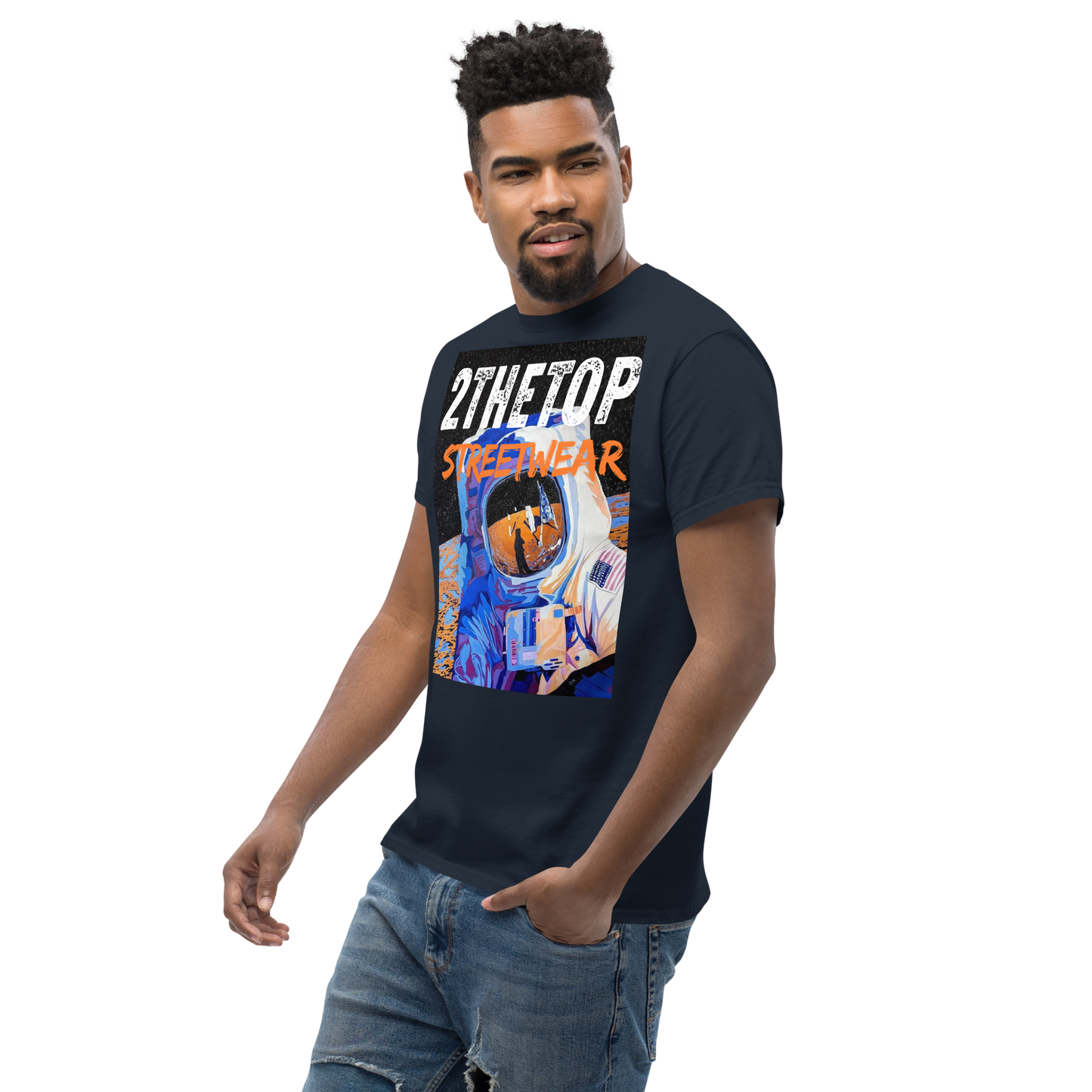 Streetwear graphics t-shirt featuring bold astronaut design on adult cotton tee