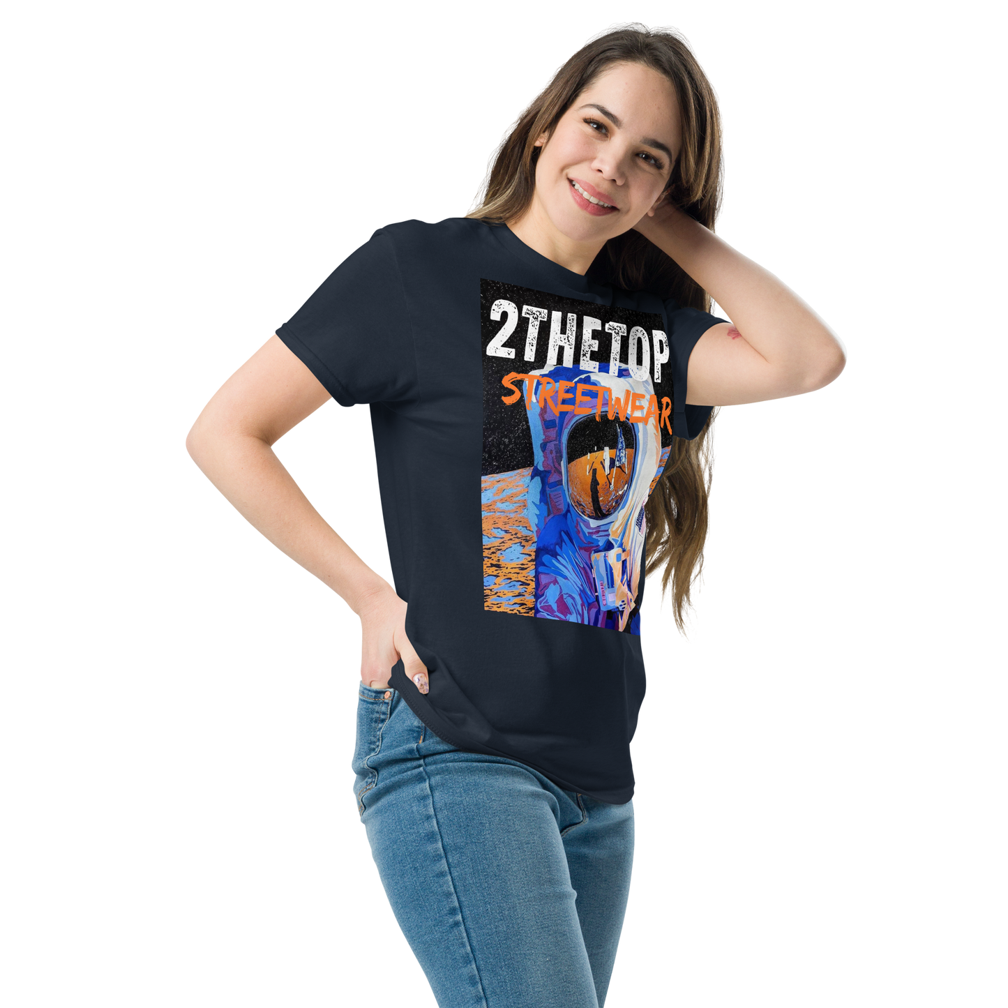 Adult streetwear graphics t-shirt featuring bold astronaut design on cotton fabric
