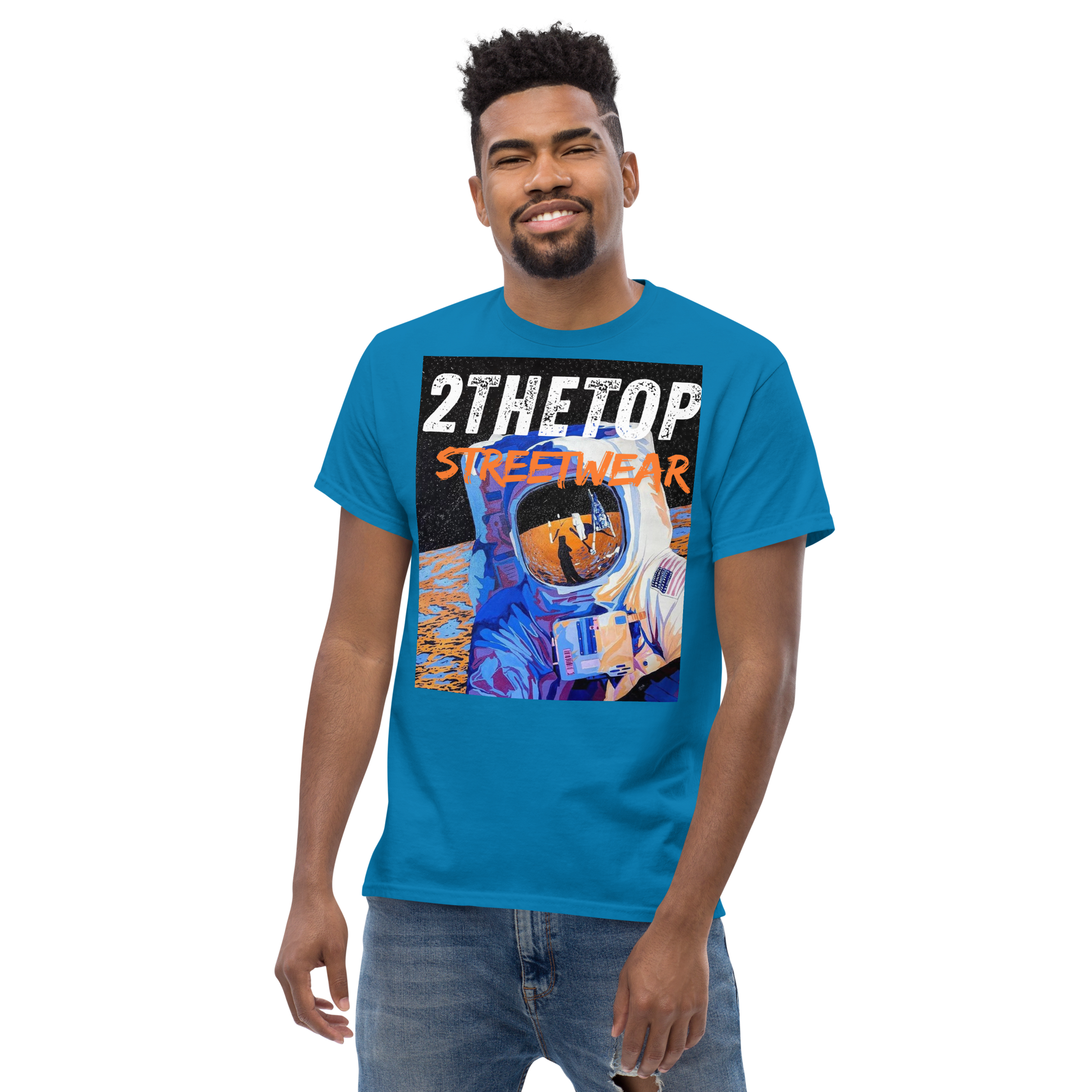 Urban streetwear graphics t-shirt with bold astronaut design on breathable cotton fabric