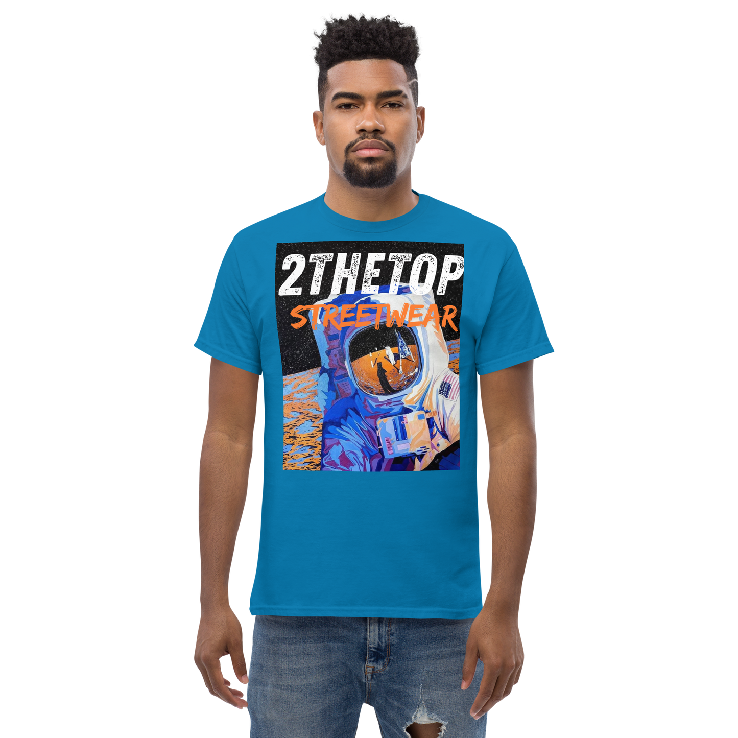 Black graphics t-shirt with astronaut design for adult streetwear style