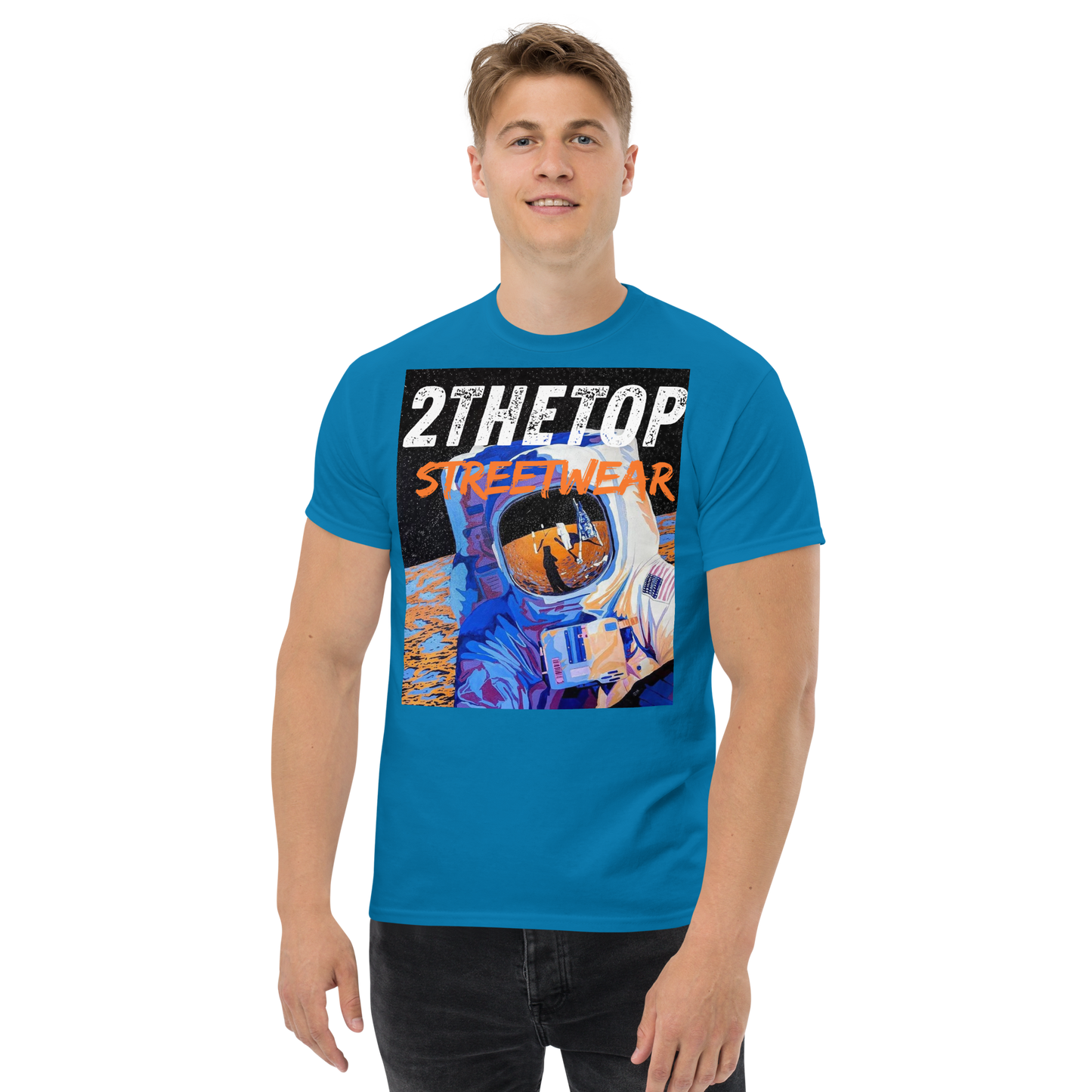 Adult streetwear graphics t-shirt with bold astronaut design and breathable cotton fabric