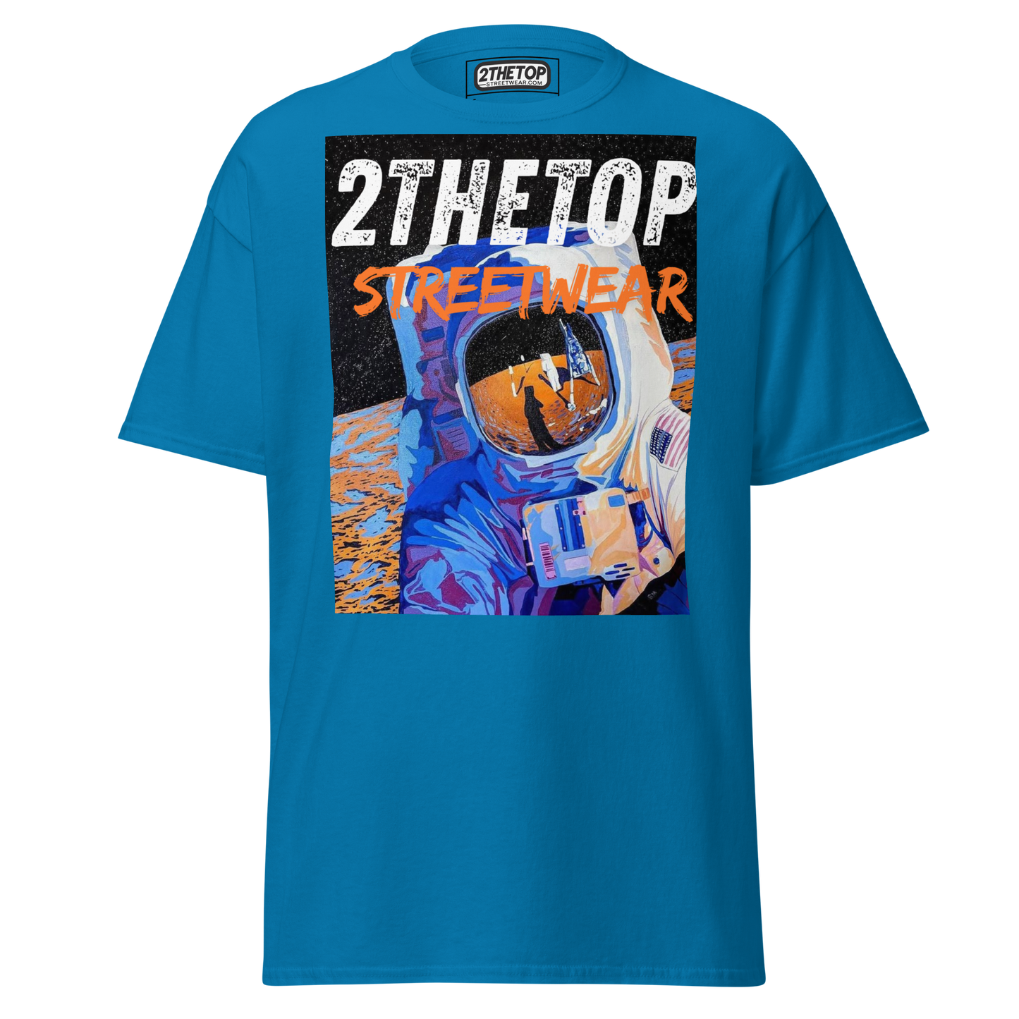Black adult graphics t-shirt with bold astronaut streetwear design