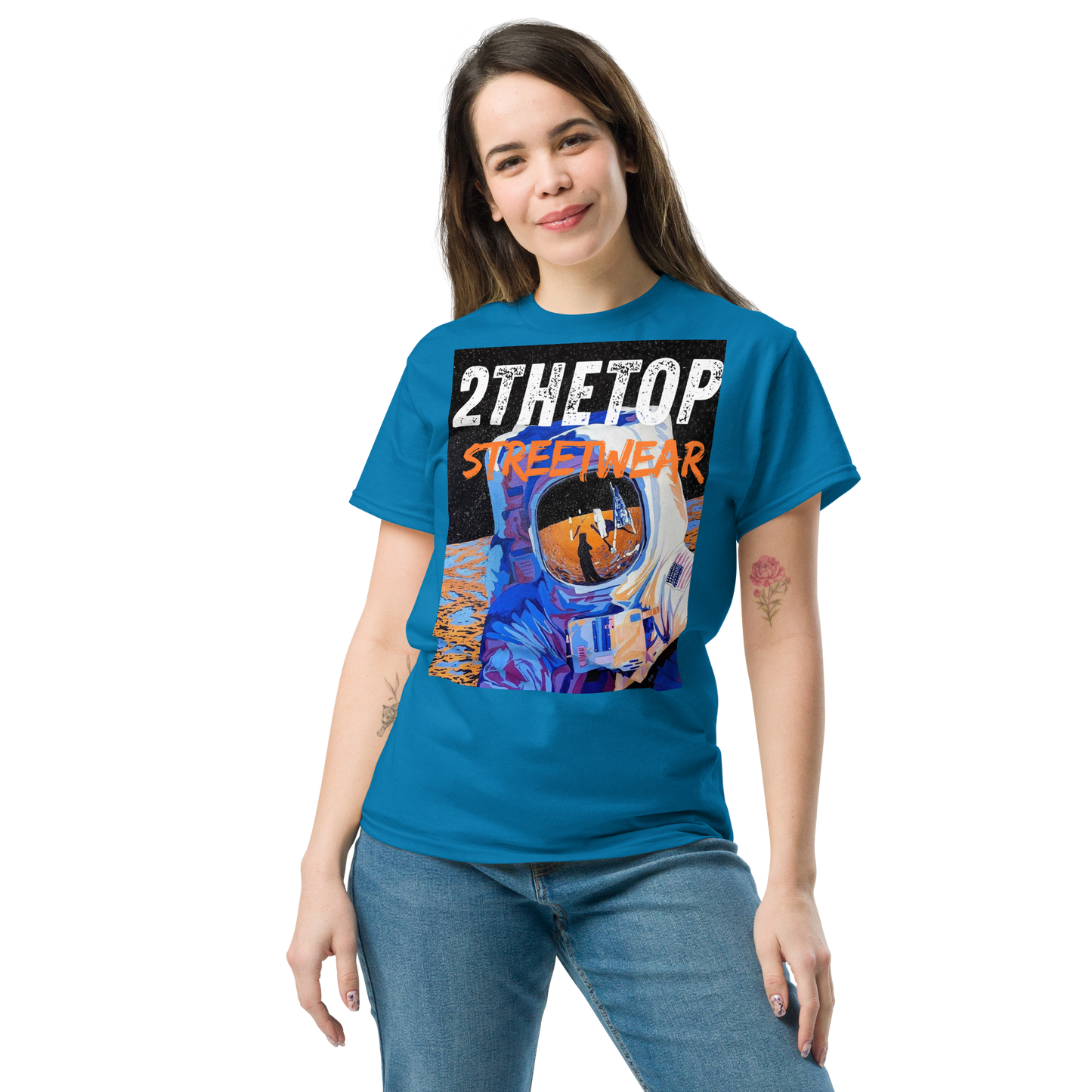 Adult streetwear graphics t-shirt with bold astronaut design on cotton fabric