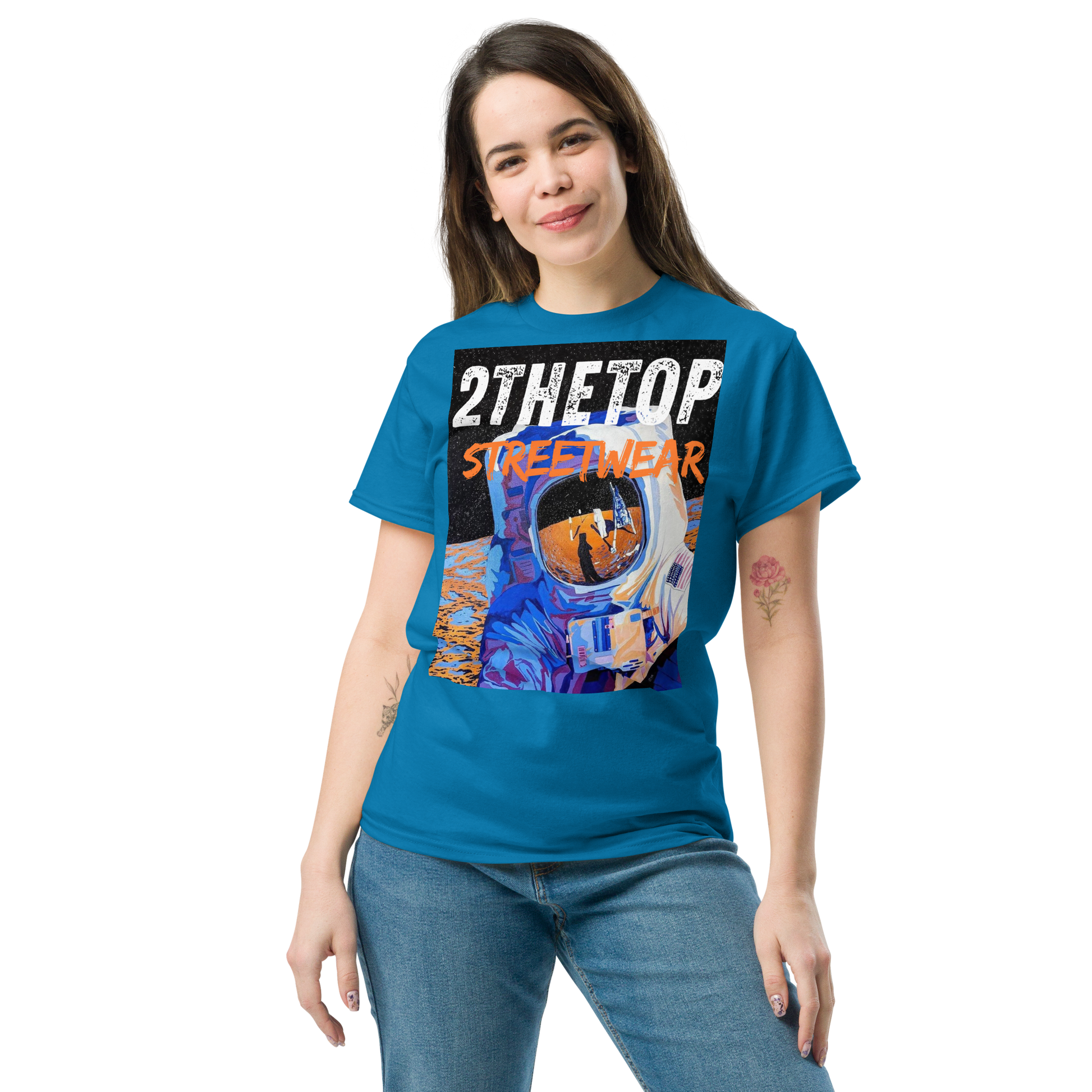 Adult streetwear graphics t-shirt with bold astronaut design on cotton fabric