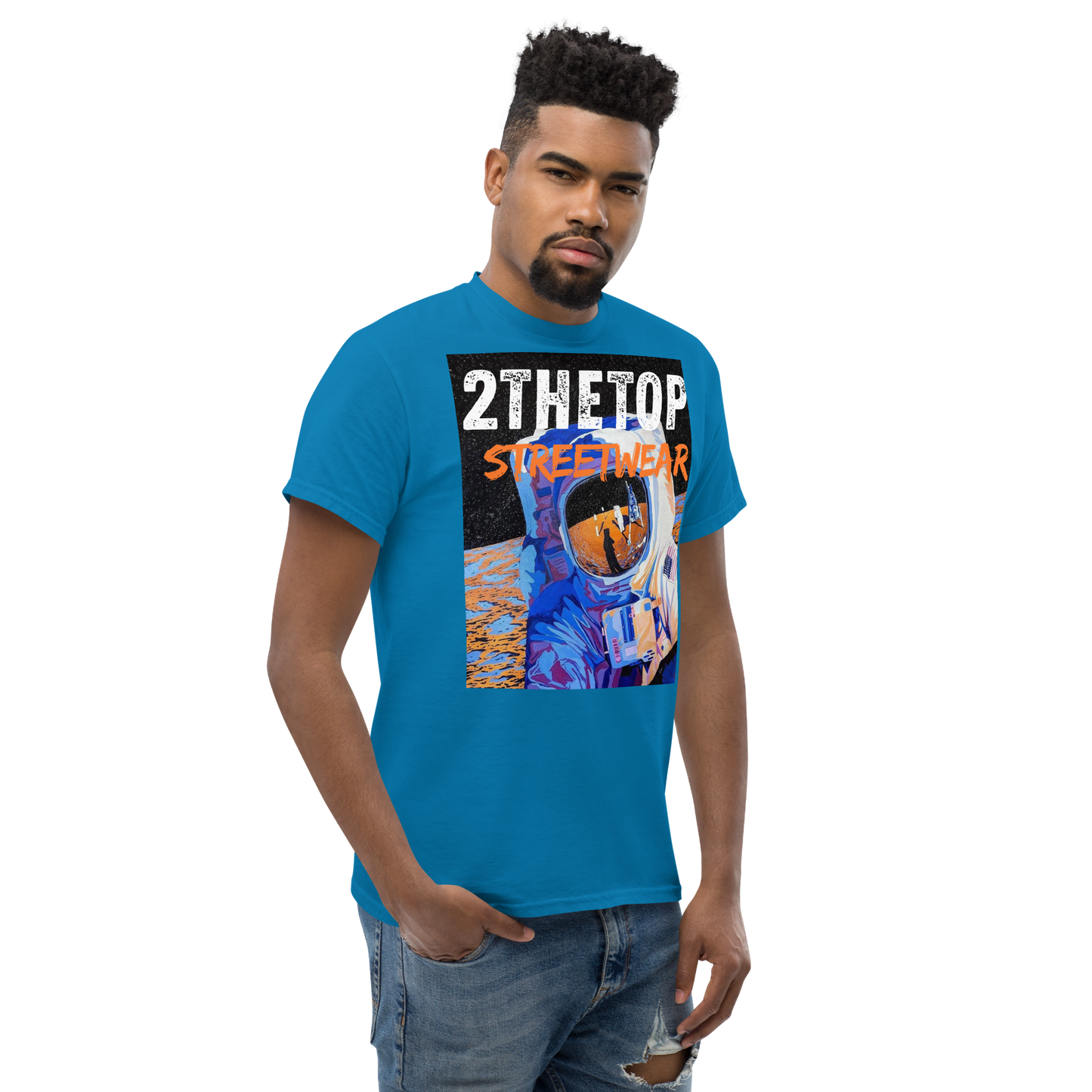 Black graphics t-shirt with astronaut design for streetwear style