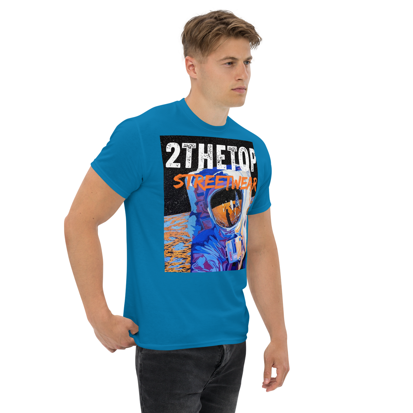 Adult streetwear graphics t-shirt with bold astronaut design for casual urban fashion