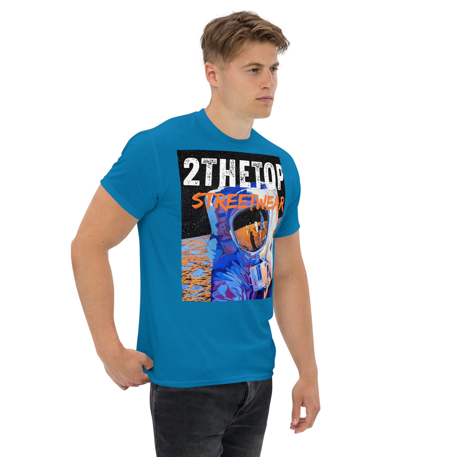 Adult streetwear graphics t-shirt with bold astronaut design for casual urban fashion